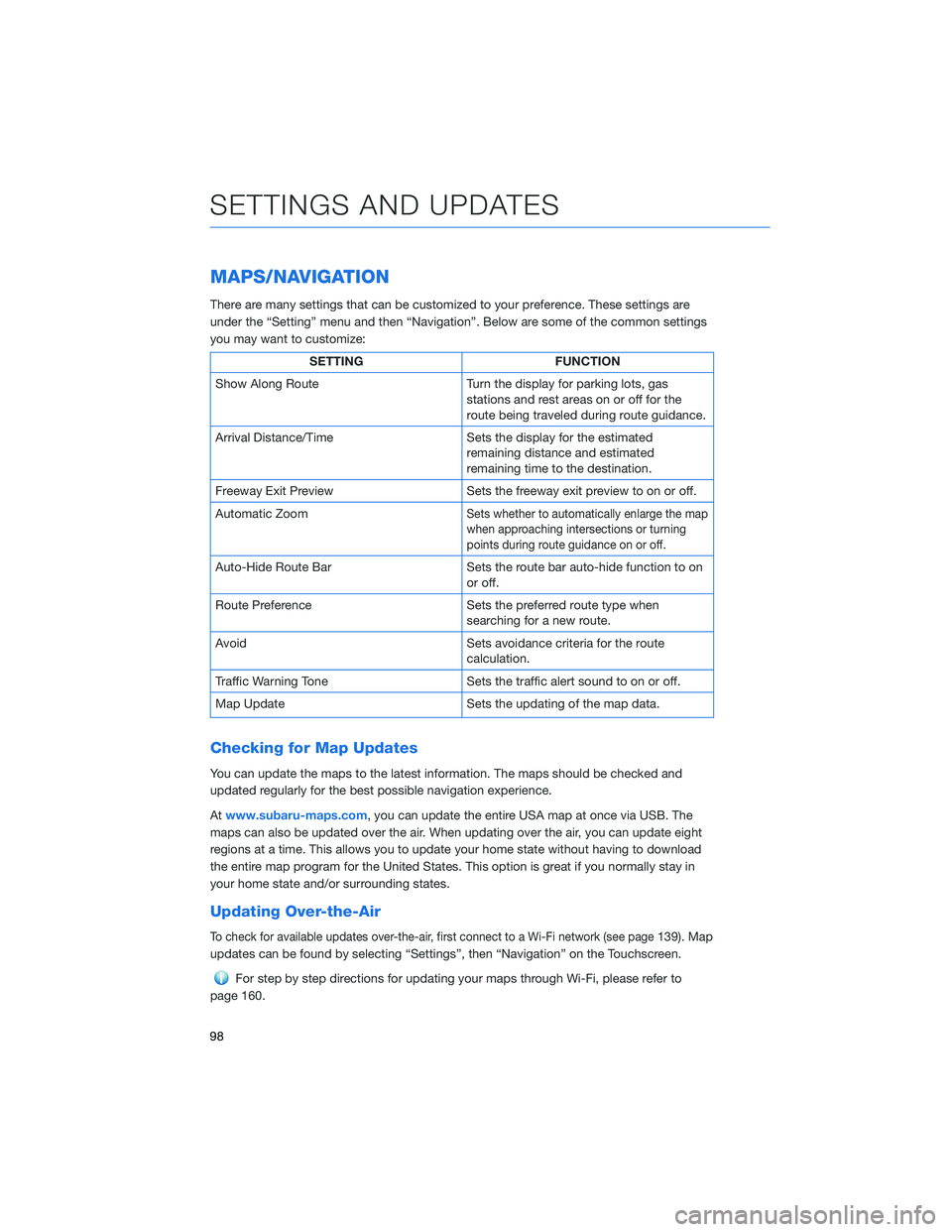 SUBARU OUTBACK 2021 Getting Started Guide MAPS/NAVIGATION
There are many settings that can be customized to your preference. These settings are
under the “Setting” menu and then “Navigation”. Below are some of the common settings
you SUBARU OUTBACK 2021 Getting Started Guide MAPS/NAVIGATION
There are many settings that can be customized to your preference. These settings are
under the “Setting” menu and then “Navigation”. Below are some of the common settings
you