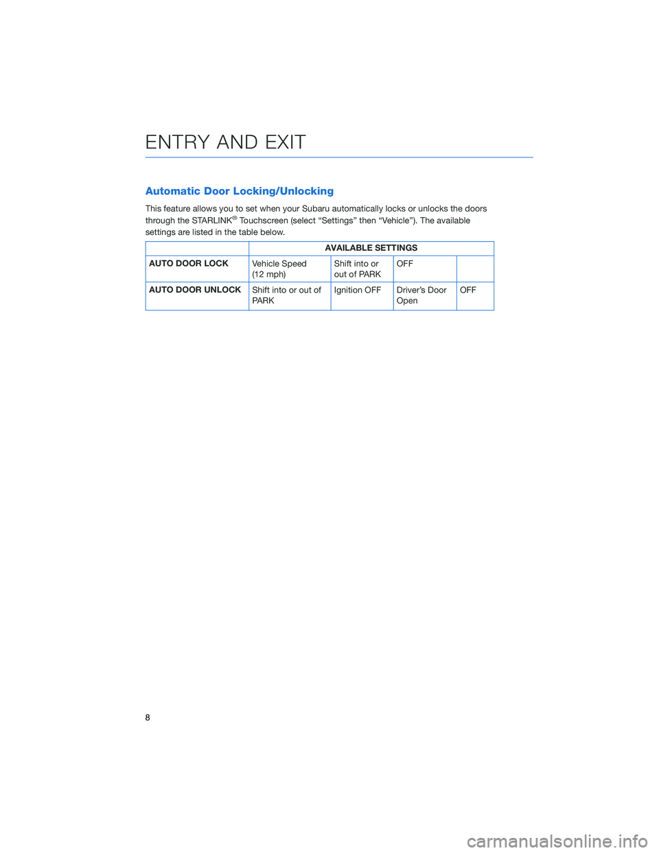 SUBARU ASCENT 2021  Getting Started Guide Automatic Door Locking/Unlocking
This feature allows you to set when your Subaru automatically locks or unlocks the doors
through the STARLINK®Touchscreen (select “Settings” then “Vehicle”). 