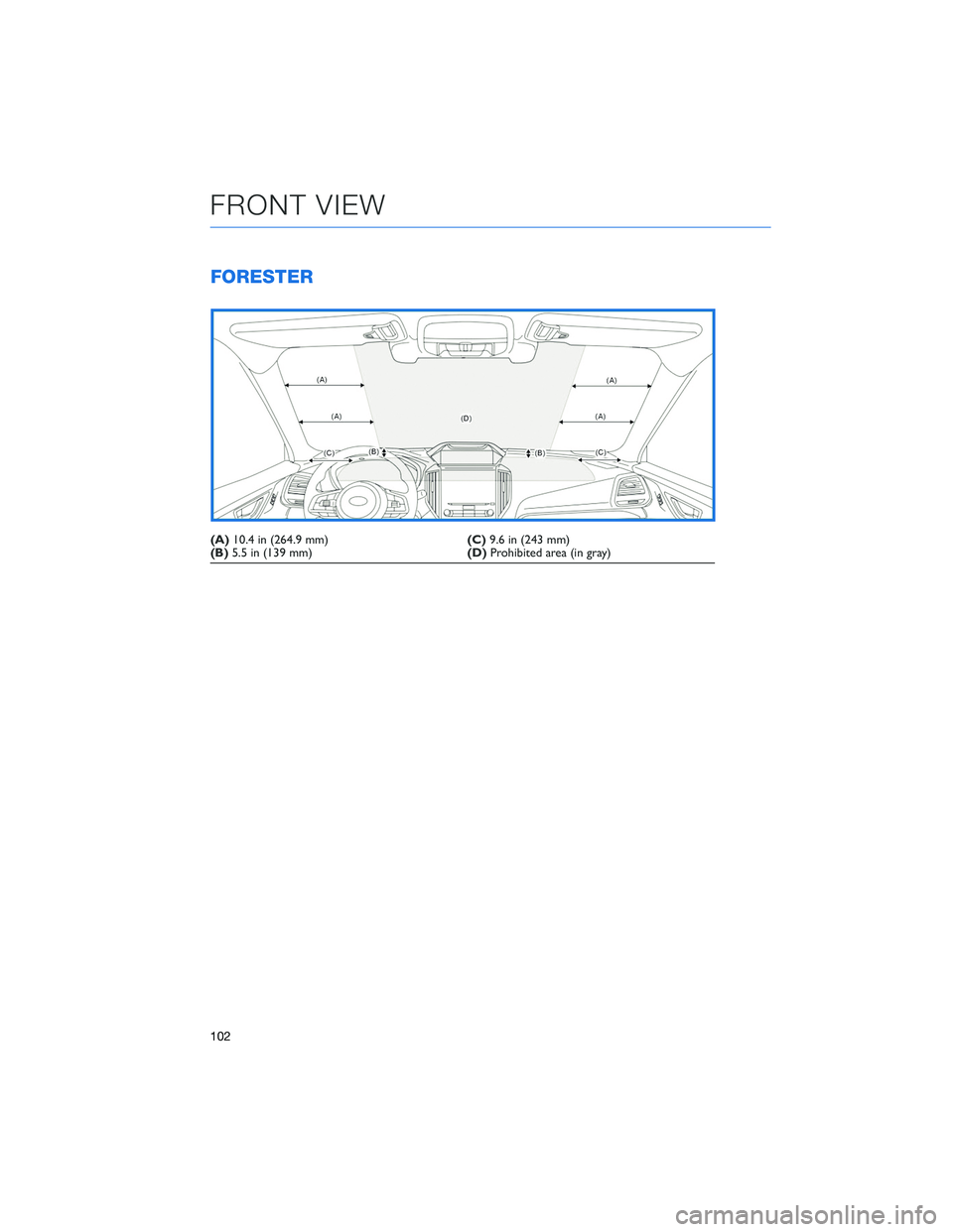 SUBARU FORESTER 2021 Getting Started Guide FORESTER
(A)10.4 in (264.9 mm)(C)9.6 in (243 mm)
(B)5.5 in (139 mm)(D)Prohibited area (in gray)
FRONT VIEW
102 SUBARU FORESTER 2021 Getting Started Guide FORESTER
(A)10.4 in (264.9 mm)(C)9.6 in (243 mm)
(B)5.5 in (139 mm)(D)Prohibited area (in gray)
FRONT VIEW
102