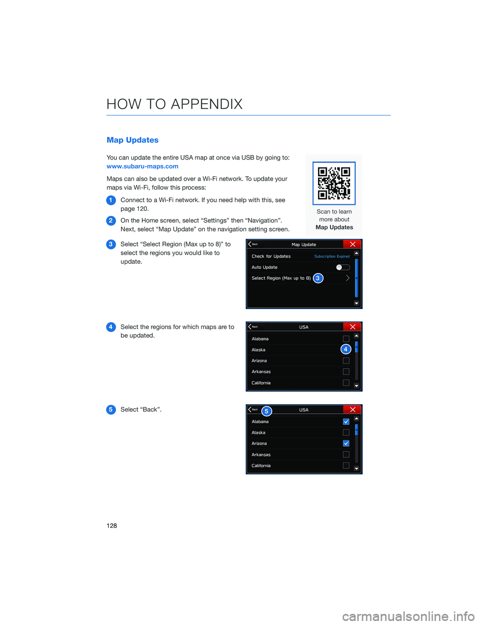 SUBARU FORESTER 2021 Getting Started Guide Map Updates
You can update the entire USA map at once via USB by going to:
www.subaru-maps.com
Maps can also be updated over a Wi-Fi network. To update your
maps via Wi-Fi, follow this process:
1Conne SUBARU FORESTER 2021 Getting Started Guide Map Updates
You can update the entire USA map at once via USB by going to:
www.subaru-maps.com
Maps can also be updated over a Wi-Fi network. To update your
maps via Wi-Fi, follow this process:
1Conne