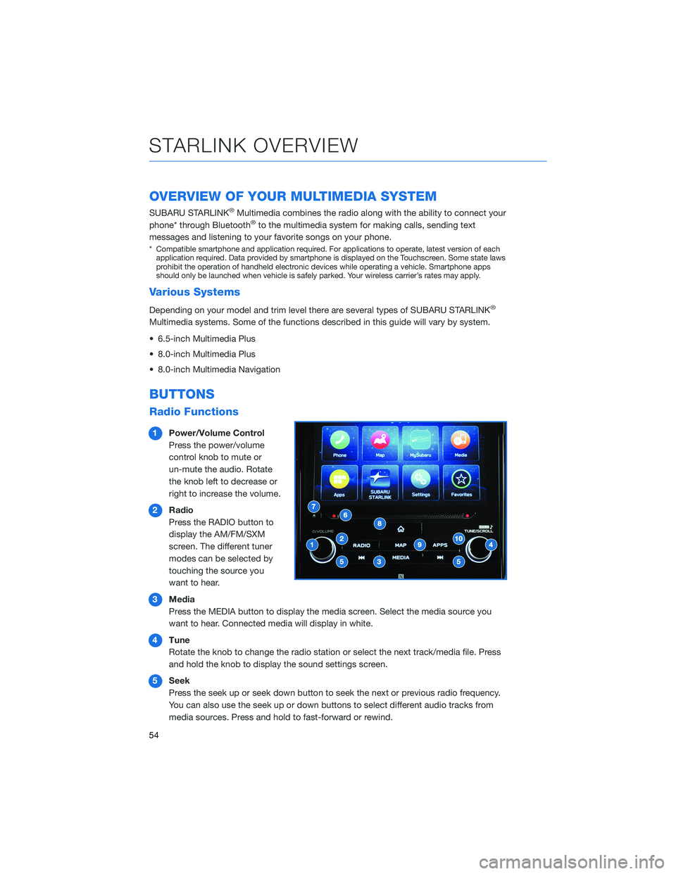 SUBARU FORESTER 2021 Getting Started Guide OVERVIEW OF YOUR MULTIMEDIA SYSTEM
SUBARU STARLINK®Multimedia combines the radio along with the ability to connect your
phone* through Bluetooth®to the multimedia system for making calls, sending te SUBARU FORESTER 2021 Getting Started Guide OVERVIEW OF YOUR MULTIMEDIA SYSTEM
SUBARU STARLINK®Multimedia combines the radio along with the ability to connect your
phone* through Bluetooth®to the multimedia system for making calls, sending te