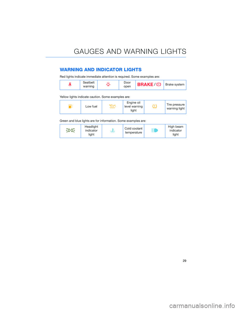 SUBARU CROSSTREK 2021  Getting Started Guide WARNING AND INDICATOR LIGHTS
Red lights indicate immediate attention is required. Some examples are:
Seatbelt
warningDoor
openBrake system
Yellow lights indicate caution. Some examples are:
Low fuelEn