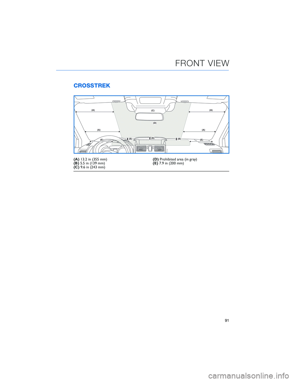 SUBARU CROSSTREK 2021  Getting Started Guide CROSSTREK
(A)13.2 in (355 mm)(D)Prohibited area (in gray)
(B)5.5 in (139 mm)(E)7.9 in (200 mm)
(C)9.6 in (243 mm)
FRONT VIEW
91 