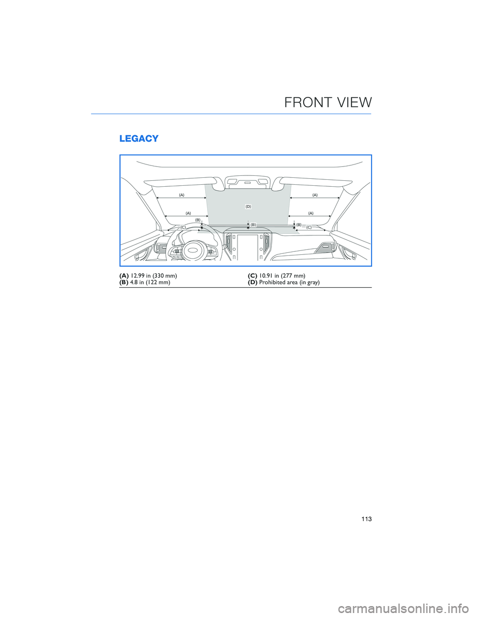 SUBARU LEGACY 2021  Getting Started Guide LEGACY
(A)12.99 in (330 mm)(C)10.91 in (277 mm)
(B)4.8 in (122 mm)(D)Prohibited area (in gray)
FRONT VIEW
113 