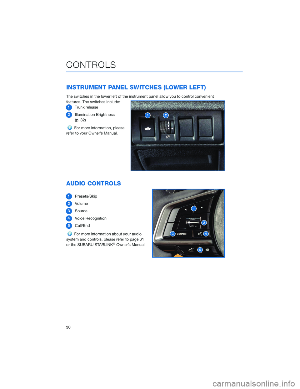 SUBARU LEGACY 2021 Getting Started Guide INSTRUMENT PANEL SWITCHES (LOWER LEFT)
The switches in the lower left of the instrument panel allow you to control convenient
features. The switches include:
1Trunk release
2Illumination Brightness
(p SUBARU LEGACY 2021 Getting Started Guide INSTRUMENT PANEL SWITCHES (LOWER LEFT)
The switches in the lower left of the instrument panel allow you to control convenient
features. The switches include:
1Trunk release
2Illumination Brightness
(p