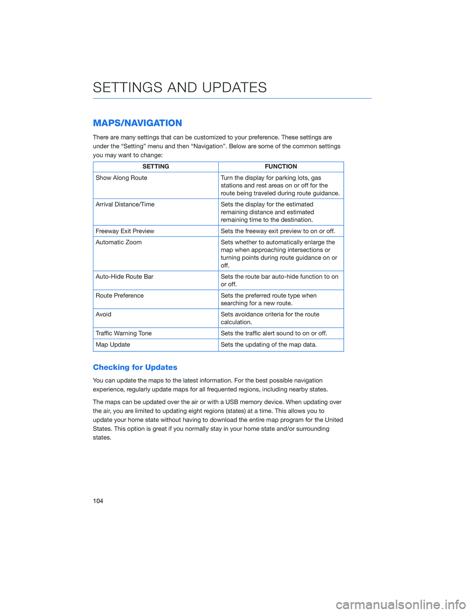 SUBARU OUTBACK 2020 Getting Started Guide MAPS/NAVIGATION
There are many settings that can be customized to your preference. These settings are
under the “Setting” menu and then “Navigation”. Below are some of the common settings
you SUBARU OUTBACK 2020 Getting Started Guide MAPS/NAVIGATION
There are many settings that can be customized to your preference. These settings are
under the “Setting” menu and then “Navigation”. Below are some of the common settings
you