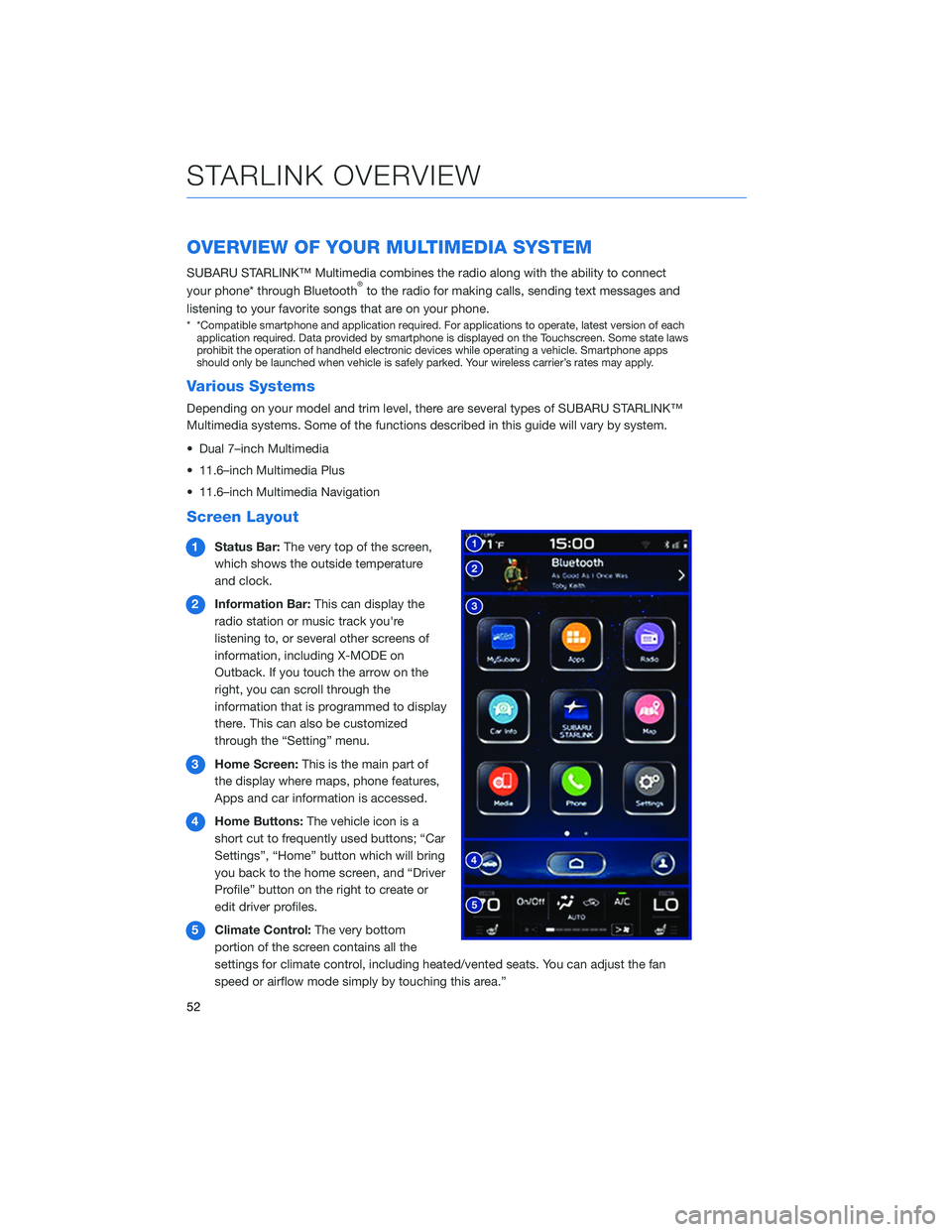 SUBARU OUTBACK 2020  Getting Started Guide OVERVIEW OF YOUR MULTIMEDIA SYSTEM
SUBARU STARLINK™ Multimedia combines the radio along with the ability to connect
your phone* through Bluetooth®to the radio for making calls, sending text message