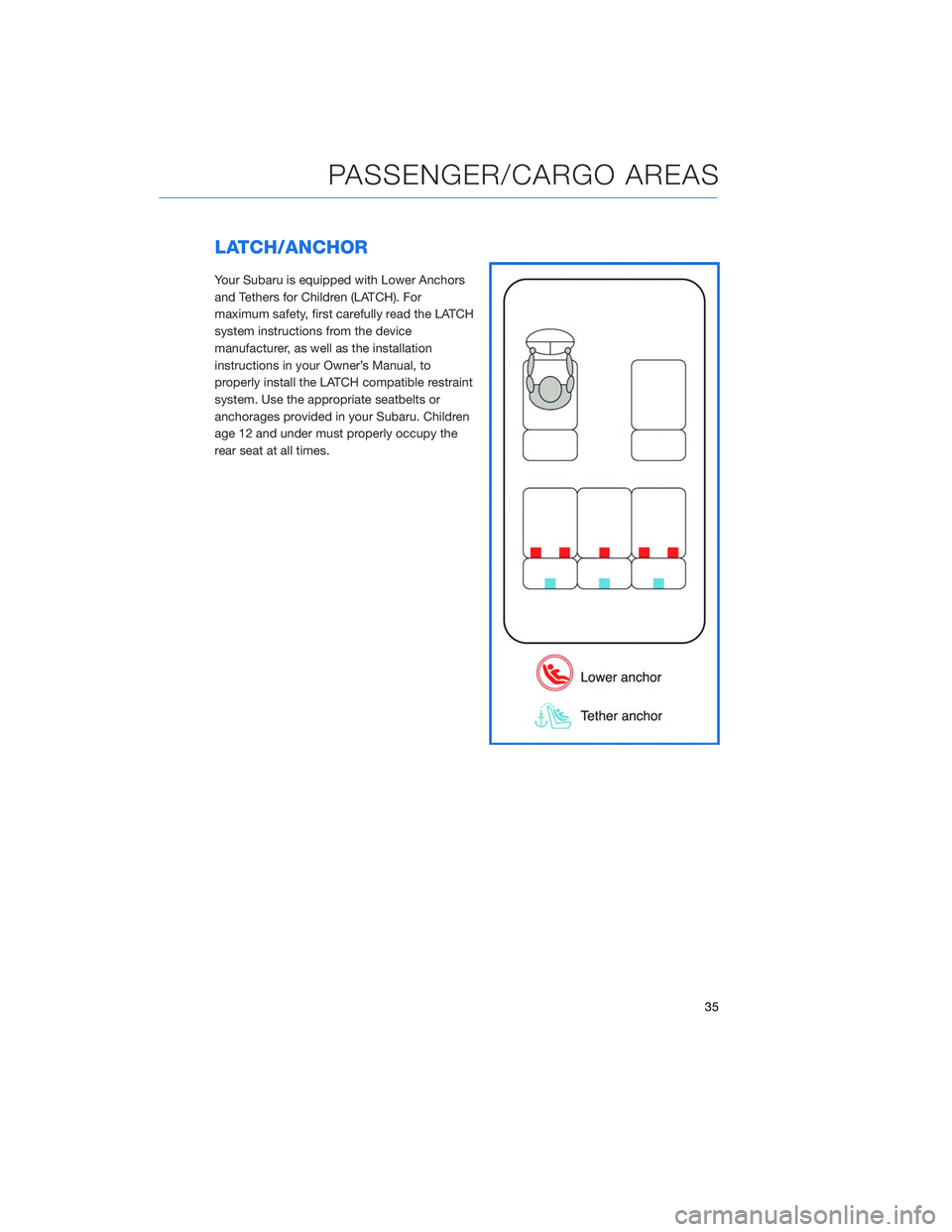 SUBARU LEGACY 2020  Getting Started Guide LATCH/ANCHOR
Your Subaru is equipped with Lower Anchors
and Tethers for Children (LATCH). For
maximum safety, first carefully read the LATCH
system instructions from the device
manufacturer, as well a