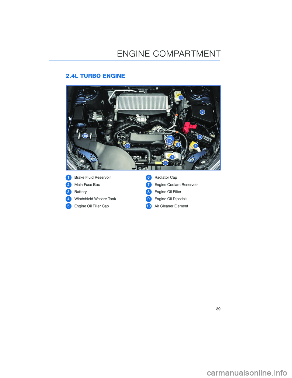 SUBARU LEGACY 2020 Getting Started Guide 2.4L TURBO ENGINE
1Brake Fluid Reservoir
2 Main Fuse Box
3 Battery
4 Windshield Washer Tank
5 Engine Oil Filler Cap 6
Radiator Cap
7 Engine Coolant Reservoir
8 Engine Oil Filter
9 Engine Oil Dipstick
SUBARU LEGACY 2020 Getting Started Guide 2.4L TURBO ENGINE
1Brake Fluid Reservoir
2 Main Fuse Box
3 Battery
4 Windshield Washer Tank
5 Engine Oil Filler Cap 6
Radiator Cap
7 Engine Coolant Reservoir
8 Engine Oil Filter
9 Engine Oil Dipstick