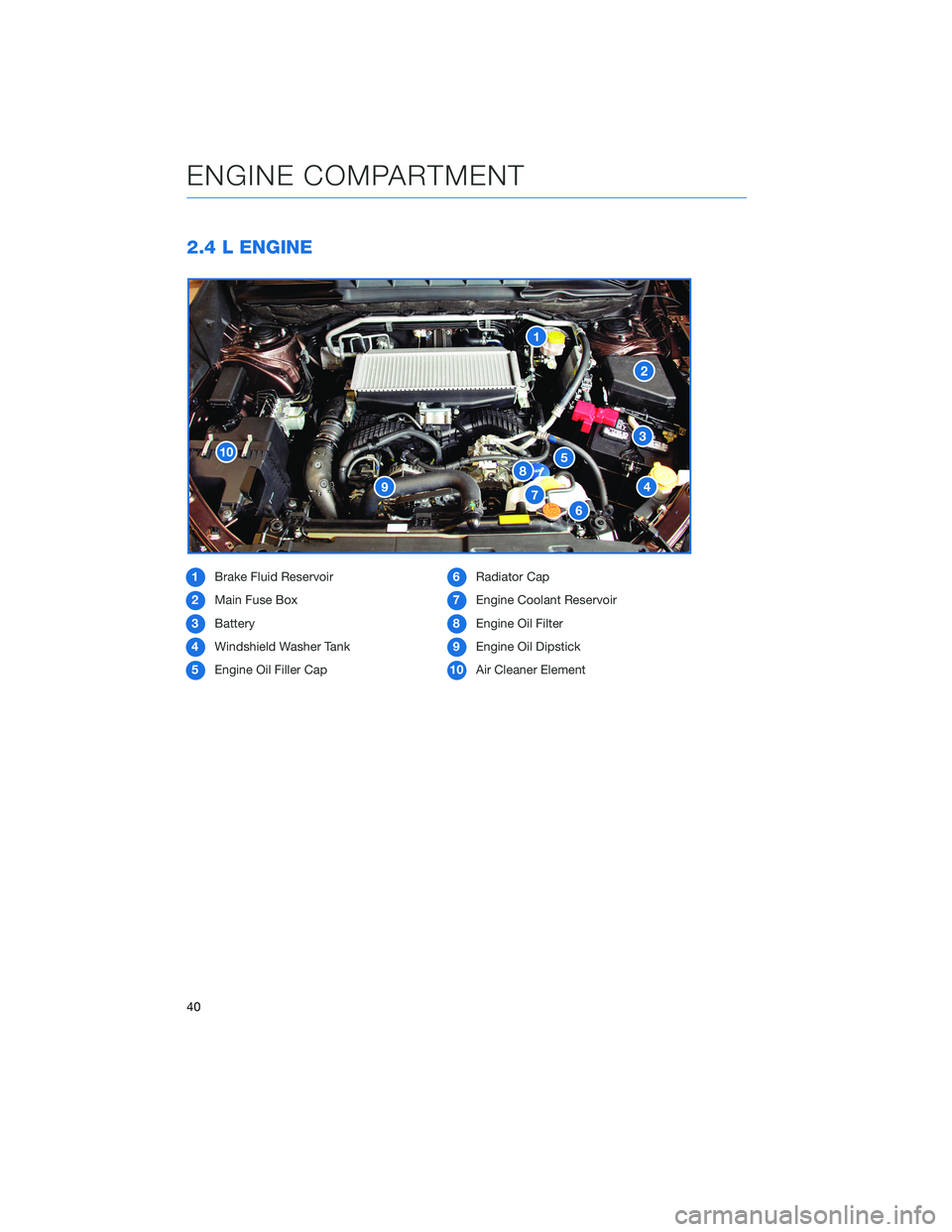 SUBARU ASCENT 2020 Quick Guide 2.4 L ENGINE
1Brake Fluid Reservoir
2Main Fuse Box
3Battery
4Windshield Washer Tank
5Engine Oil Filler Cap6Radiator Cap
7Engine Coolant Reservoir
8Engine Oil Filter
9Engine Oil Dipstick
10Air Cleaner SUBARU ASCENT 2020 Quick Guide 2.4 L ENGINE
1Brake Fluid Reservoir
2Main Fuse Box
3Battery
4Windshield Washer Tank
5Engine Oil Filler Cap6Radiator Cap
7Engine Coolant Reservoir
8Engine Oil Filter
9Engine Oil Dipstick
10Air Cleaner
