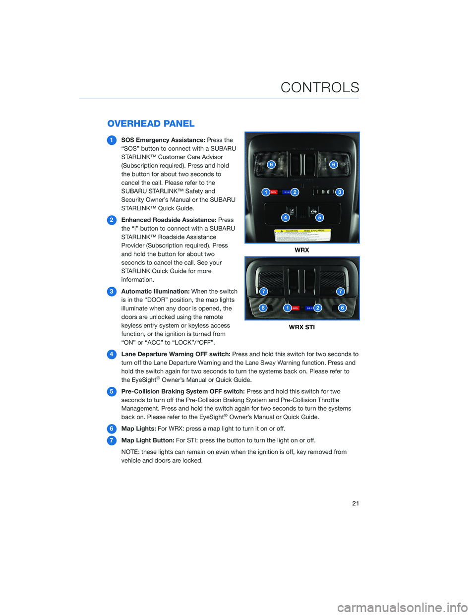 SUBARU WRX 2020  Quick Guide OVERHEAD PANEL
1SOS Emergency Assistance:Press the
“SOS” button to connect with a SUBARU
STARLINK™ Customer Care Advisor
(Subscription required). Press and hold
the button for about two seconds 