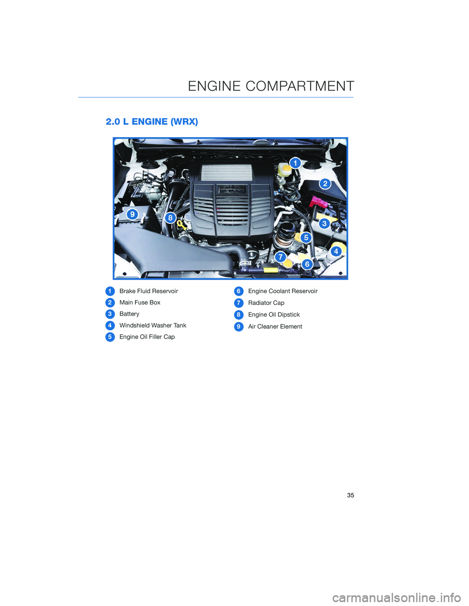 SUBARU WRX 2020 Quick Guide 2.0 L ENGINE (WRX)
1Brake Fluid Reservoir
2Main Fuse Box
3Battery
4Windshield Washer Tank
5Engine Oil Filler Cap6Engine Coolant Reservoir
7Radiator Cap
8Engine Oil Dipstick
9Air Cleaner Element
ENGINE SUBARU WRX 2020 Quick Guide 2.0 L ENGINE (WRX)
1Brake Fluid Reservoir
2Main Fuse Box
3Battery
4Windshield Washer Tank
5Engine Oil Filler Cap6Engine Coolant Reservoir
7Radiator Cap
8Engine Oil Dipstick
9Air Cleaner Element
ENGINE
