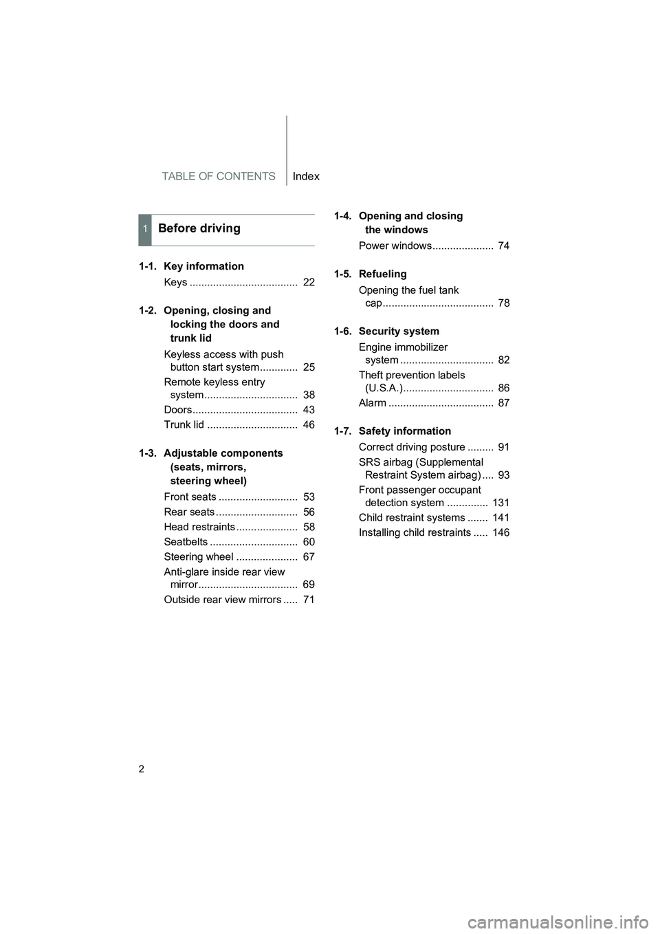 SUBARU BRZ 2020  Owners Manual TABLE OF CONTENTSIndex
2
BRZ_U
1-1. Key informationKeys .....................................  22
1-2. Opening, closing and  locking the doors and 
trunk lid
Keyless access with push  button start sys