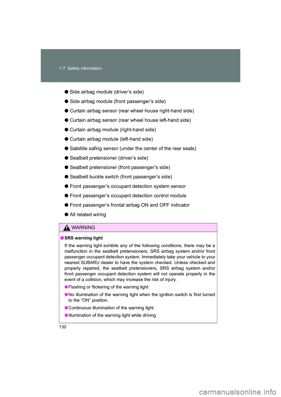 SUBARU BRZ 2020 Owners Manual 130 1-7. Safety information
BRZ_U●
Side airbag module (driver’s side)
● Side airbag module (front passenger’s side)
● Curtain airbag sensor (rear wheel house right-hand side)
● Curtain air SUBARU BRZ 2020 Owners Manual 130 1-7. Safety information
BRZ_U●
Side airbag module (driver’s side)
● Side airbag module (front passenger’s side)
● Curtain airbag sensor (rear wheel house right-hand side)
● Curtain air