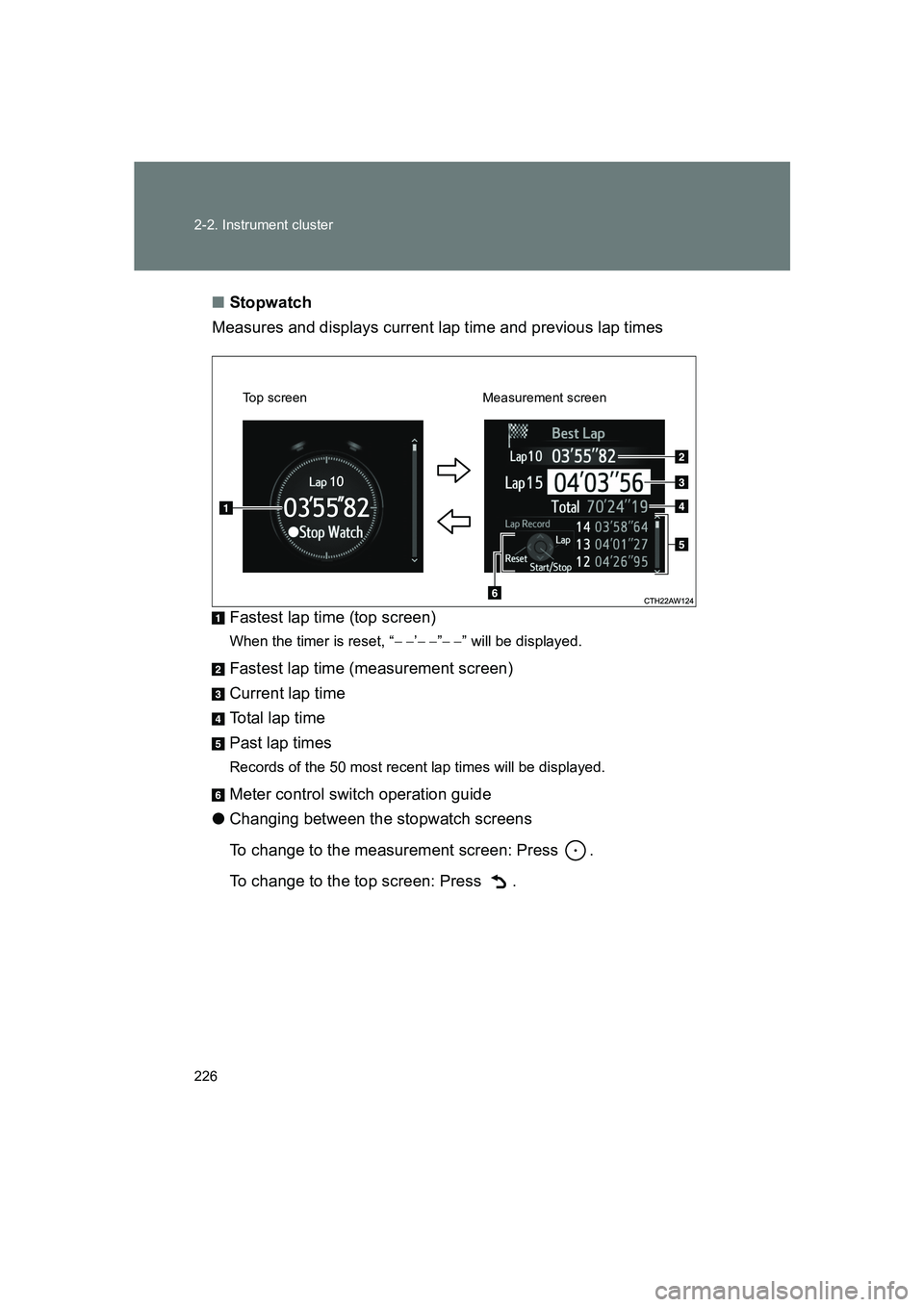 SUBARU BRZ 2020  Owners Manual 226 2-2. Instrument cluster
BRZ_U■
Stopwatch
Measures and displays current lap time and previous lap times
Fastest lap time (top screen)
When the timer is reset, “ − −’− − ”− − ”