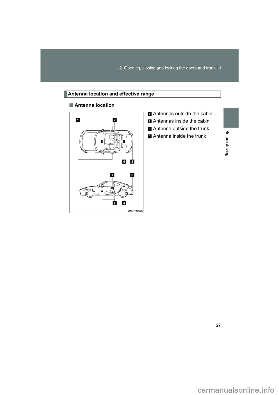 SUBARU BRZ 2020 Owners Manual 27
1-2. Opening, closing and locking the doors and trunk lid
1
Before driving
BRZ_U
Antenna location and effective range
■ Antenna location
Antennas outside the cabin
Antennas inside the cabin
Anten