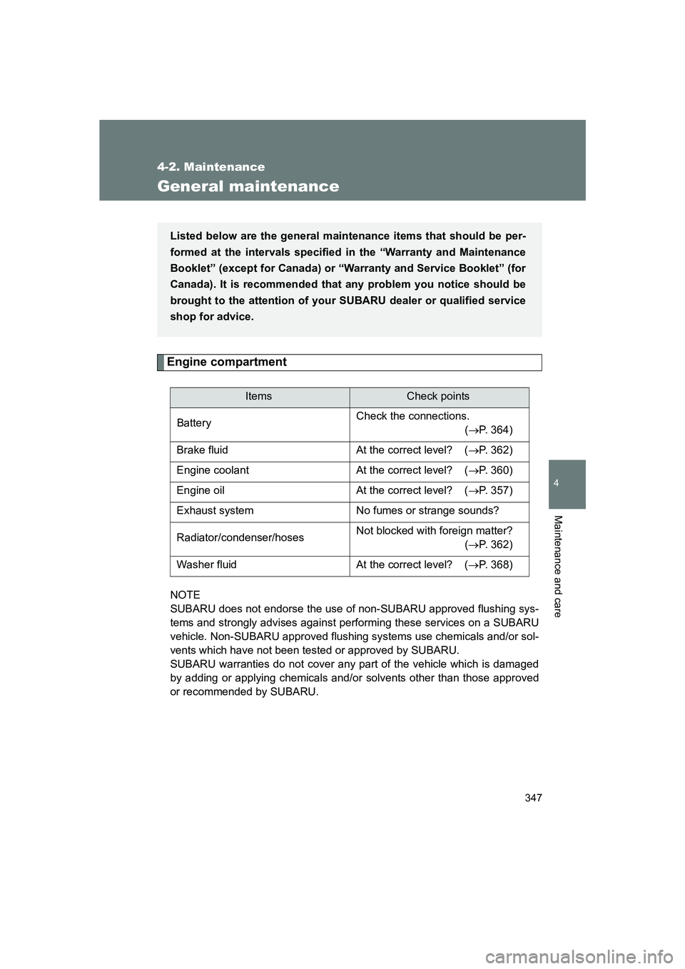 SUBARU BRZ 2020 Owners Manual 347
4-2. Maintenance
4
Maintenance and care
BRZ_U
General maintenance
Engine compartment
NOTE
SUBARU does not endorse the use of non-SUBARU approved flushing sys-
tems and strongly advises against pe SUBARU BRZ 2020 Owners Manual 347
4-2. Maintenance
4
Maintenance and care
BRZ_U
General maintenance
Engine compartment
NOTE
SUBARU does not endorse the use of non-SUBARU approved flushing sys-
tems and strongly advises against pe