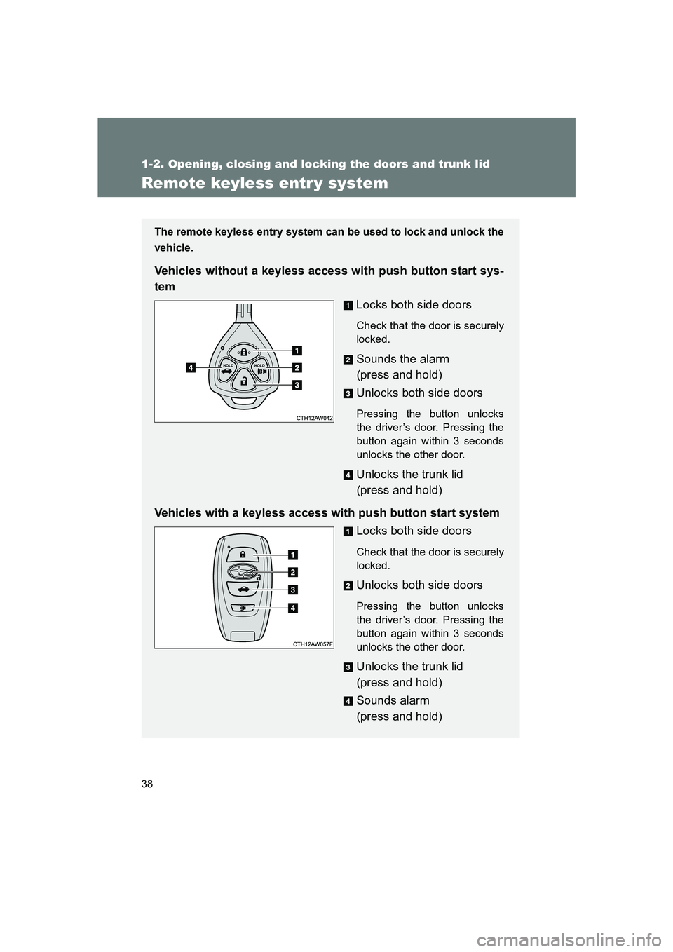 SUBARU BRZ 2020 Owners Guide 38
1-2. Opening, closing and locking the doors and trunk lid
BRZ_U
Remote keyless entr y system
The remote keyless entry system can be used to lock and unlock the
vehicle.
Vehicles without a keyless a SUBARU BRZ 2020 Owners Guide 38
1-2. Opening, closing and locking the doors and trunk lid
BRZ_U
Remote keyless entr y system
The remote keyless entry system can be used to lock and unlock the
vehicle.
Vehicles without a keyless a