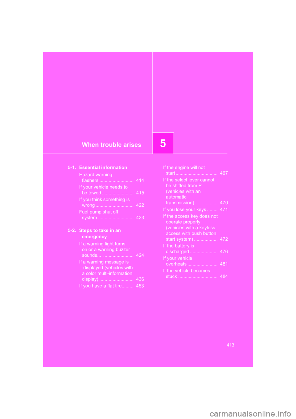 SUBARU BRZ 2020  Owners Manual When trouble arises5
413
BRZ_U
5-1. Essential informationHazard warning flashers ..........................  414
If your vehicle needs to  be towed ........................  415
If you think something