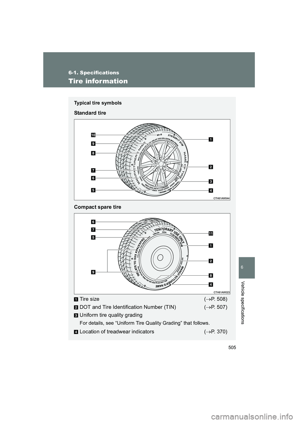 SUBARU BRZ 2020 Owners Manual 505
6-1. Specifications
6
Vehicle specifications
BRZ_U
Tire information
Typical tire symbols
Standard tire
Compact spare tireTire size ( →P. 508)
DOT and Tire Identification Number (TIN) ( →P. 507 SUBARU BRZ 2020 Owners Manual 505
6-1. Specifications
6
Vehicle specifications
BRZ_U
Tire information
Typical tire symbols
Standard tire
Compact spare tireTire size ( →P. 508)
DOT and Tire Identification Number (TIN) ( →P. 507