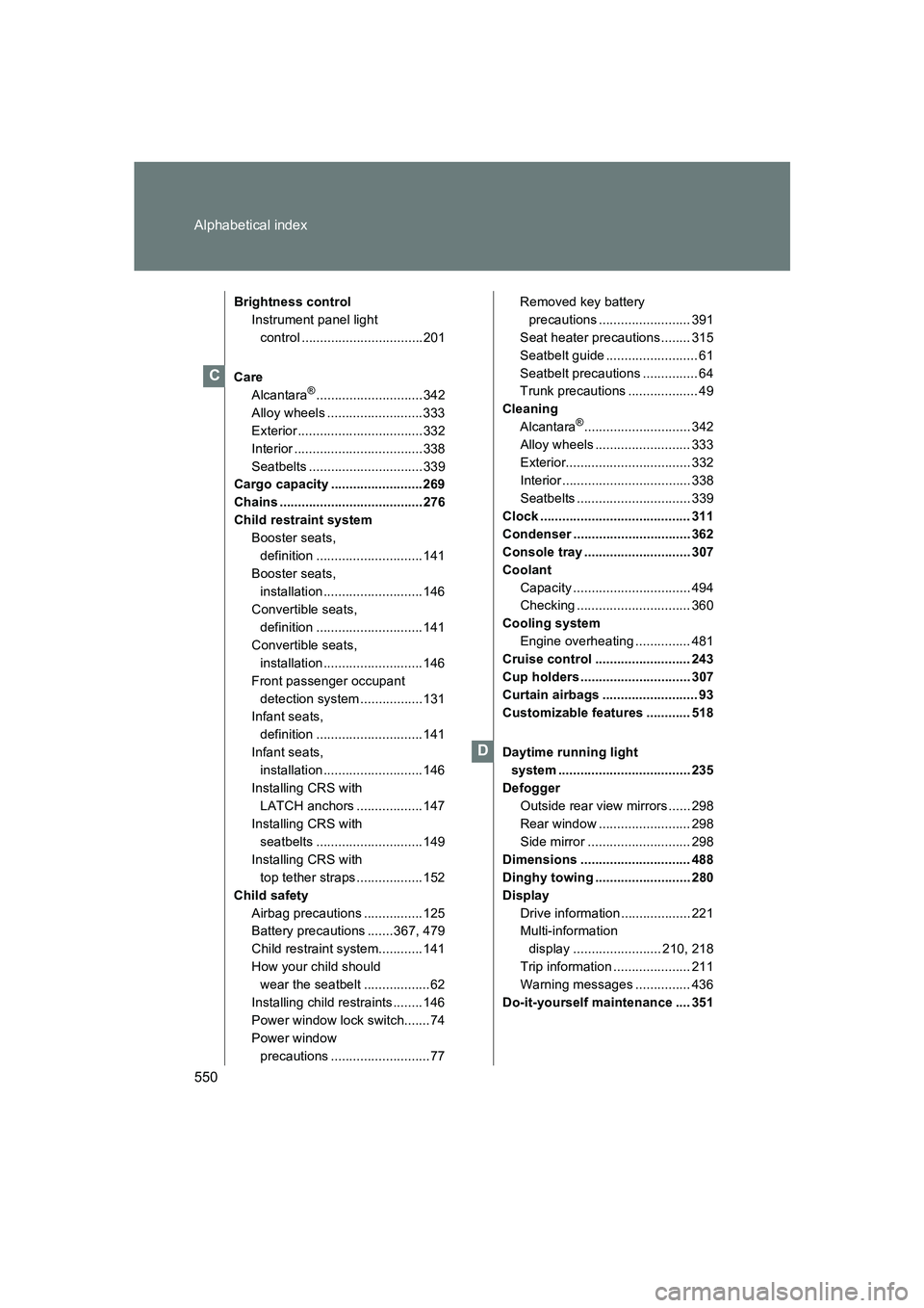 SUBARU BRZ 2020 Owners Manual 550 Alphabetical index
BRZ_U
Brightness controlInstrument panel light control .................................201
Care Alcantara
®............................. 342
Alloy wheels ..................... SUBARU BRZ 2020 Owners Manual 550 Alphabetical index
BRZ_U
Brightness controlInstrument panel light control .................................201
Care Alcantara
®............................. 342
Alloy wheels .....................