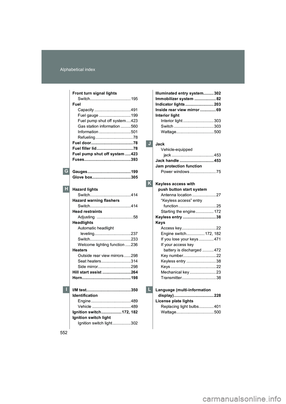 SUBARU BRZ 2020 Owners Manual 552 Alphabetical index
BRZ_U
Front turn signal lightsSwitch.................................... 195
Fuel Capacity ................................ 491
Fuel gauge ............................ 199
Fuel SUBARU BRZ 2020 Owners Manual 552 Alphabetical index
BRZ_U
Front turn signal lightsSwitch.................................... 195
Fuel Capacity ................................ 491
Fuel gauge ............................ 199
Fuel