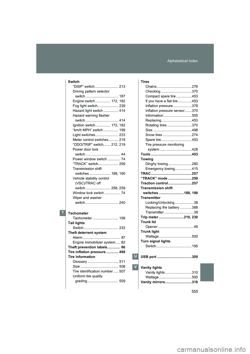 SUBARU BRZ 2020 Owners Manual 555
Alphabetical index
BRZ_U
Switch
“DISP” switch........................ 213
Driving pattern selector switch ................................. 187
Engine switch ............... 172, 182
Fog light SUBARU BRZ 2020 Owners Manual 555
Alphabetical index
BRZ_U
Switch
“DISP” switch........................ 213
Driving pattern selector switch ................................. 187
Engine switch ............... 172, 182
Fog light
