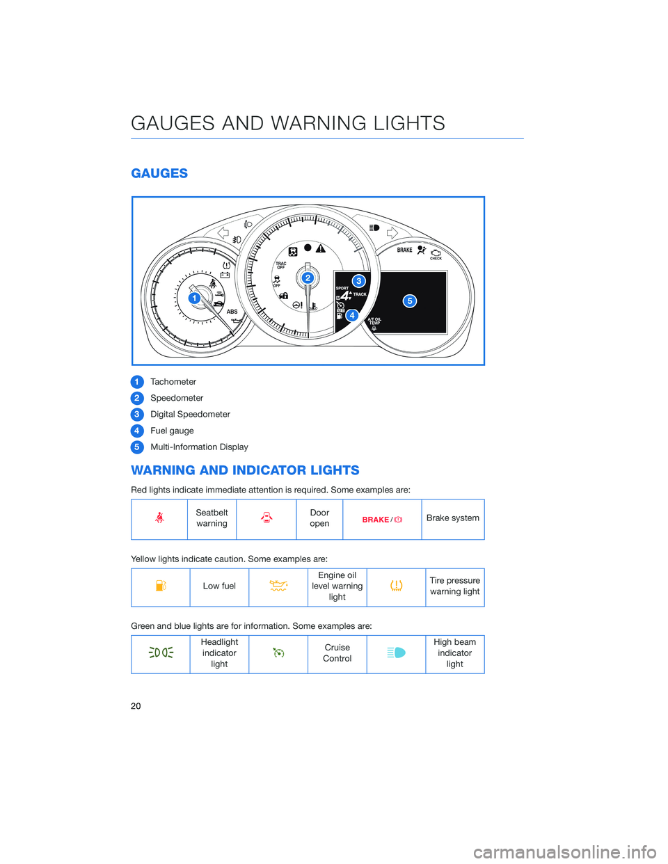 SUBARU BRZ 2020 Quick Guide GAUGES
1Tachometer
2Speedometer
3Digital Speedometer
4Fuel gauge
5Multi-Information Display
WARNING AND INDICATOR LIGHTS
Red lights indicate immediate attention is required. Some examples are:
Seatbel SUBARU BRZ 2020 Quick Guide GAUGES
1Tachometer
2Speedometer
3Digital Speedometer
4Fuel gauge
5Multi-Information Display
WARNING AND INDICATOR LIGHTS
Red lights indicate immediate attention is required. Some examples are:
Seatbel