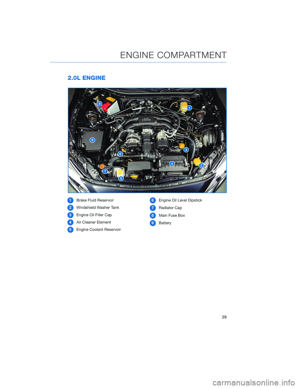SUBARU BRZ 2020 Quick Guide 2.0L ENGINE
1Brake Fluid Reservoir
2Windshield Washer Tank
3Engine Oil Filler Cap
4Air Cleaner Element
5Engine Coolant Reservoir6Engine Oil Level Dipstick
7Radiator Cap
8Main Fuse Box
9Battery
ENGINE SUBARU BRZ 2020 Quick Guide 2.0L ENGINE
1Brake Fluid Reservoir
2Windshield Washer Tank
3Engine Oil Filler Cap
4Air Cleaner Element
5Engine Coolant Reservoir6Engine Oil Level Dipstick
7Radiator Cap
8Main Fuse Box
9Battery
ENGINE