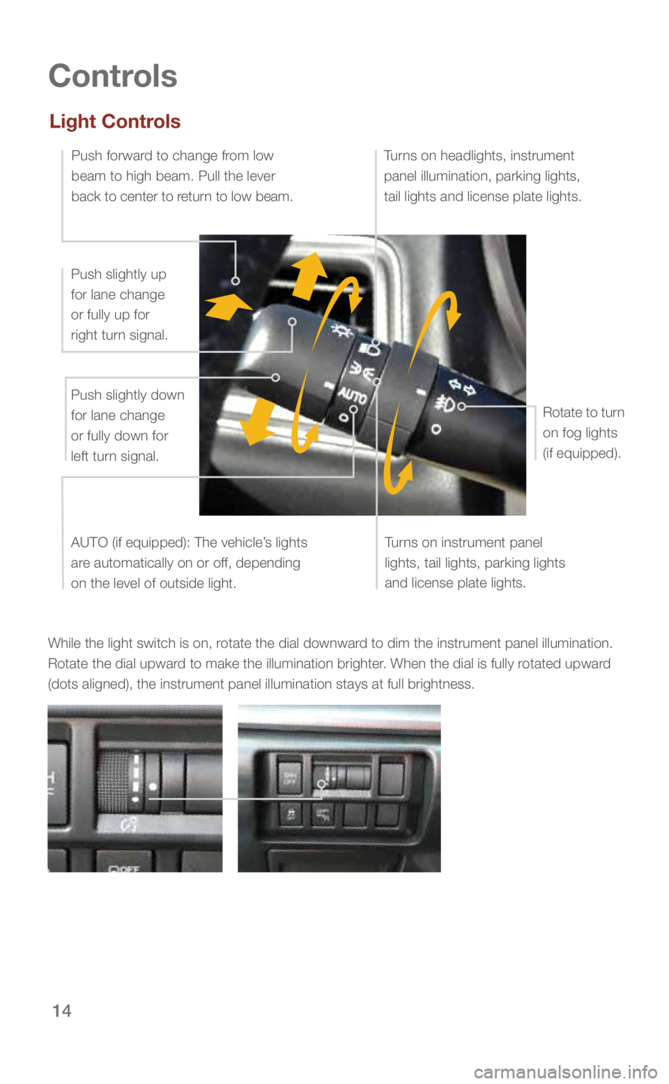 SUBARU IMPREZA 2019 Quick Guide 14
Controls
While the light switch is on, rotate the dial downward to dim the instrument panel illumination.
Rotate the dial upward to make the illumination brighter. When the dial is fully rotated u SUBARU IMPREZA 2019 Quick Guide 14
Controls
While the light switch is on, rotate the dial downward to dim the instrument panel illumination.
Rotate the dial upward to make the illumination brighter. When the dial is fully rotated u