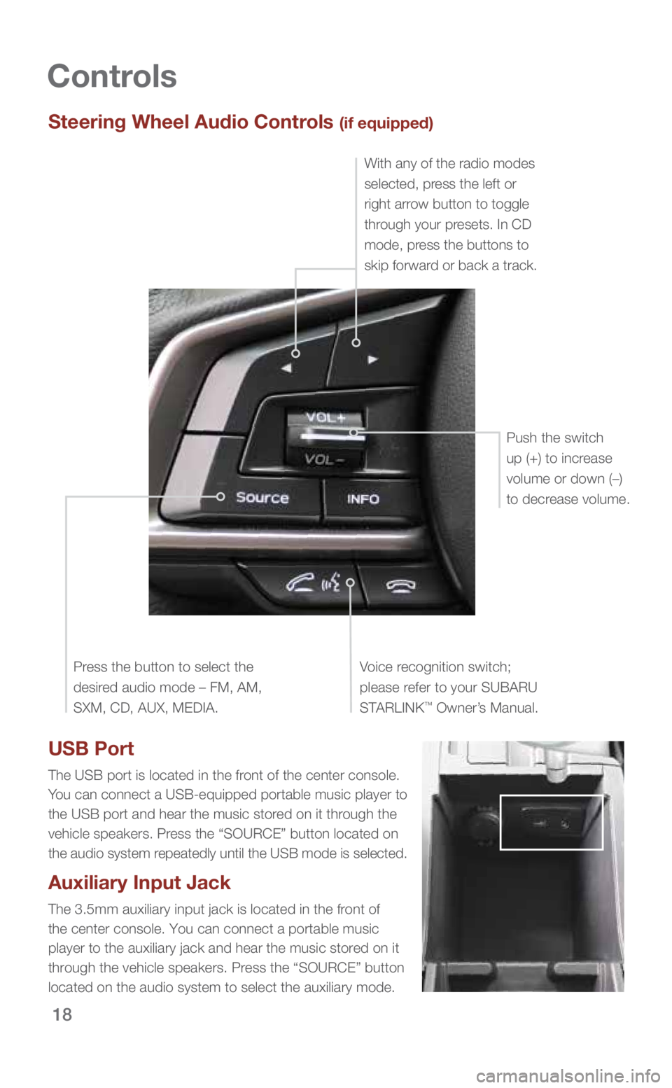 SUBARU IMPREZA 2019  Quick Guide 18
Controls
Steering Wheel Audio Controls (if equipped)
Voice recognition switch; 
please refer to your SUBARU 
STARLINK
™ Owner’s Manual.
Press the button to select the 
desired audio mode – FM
