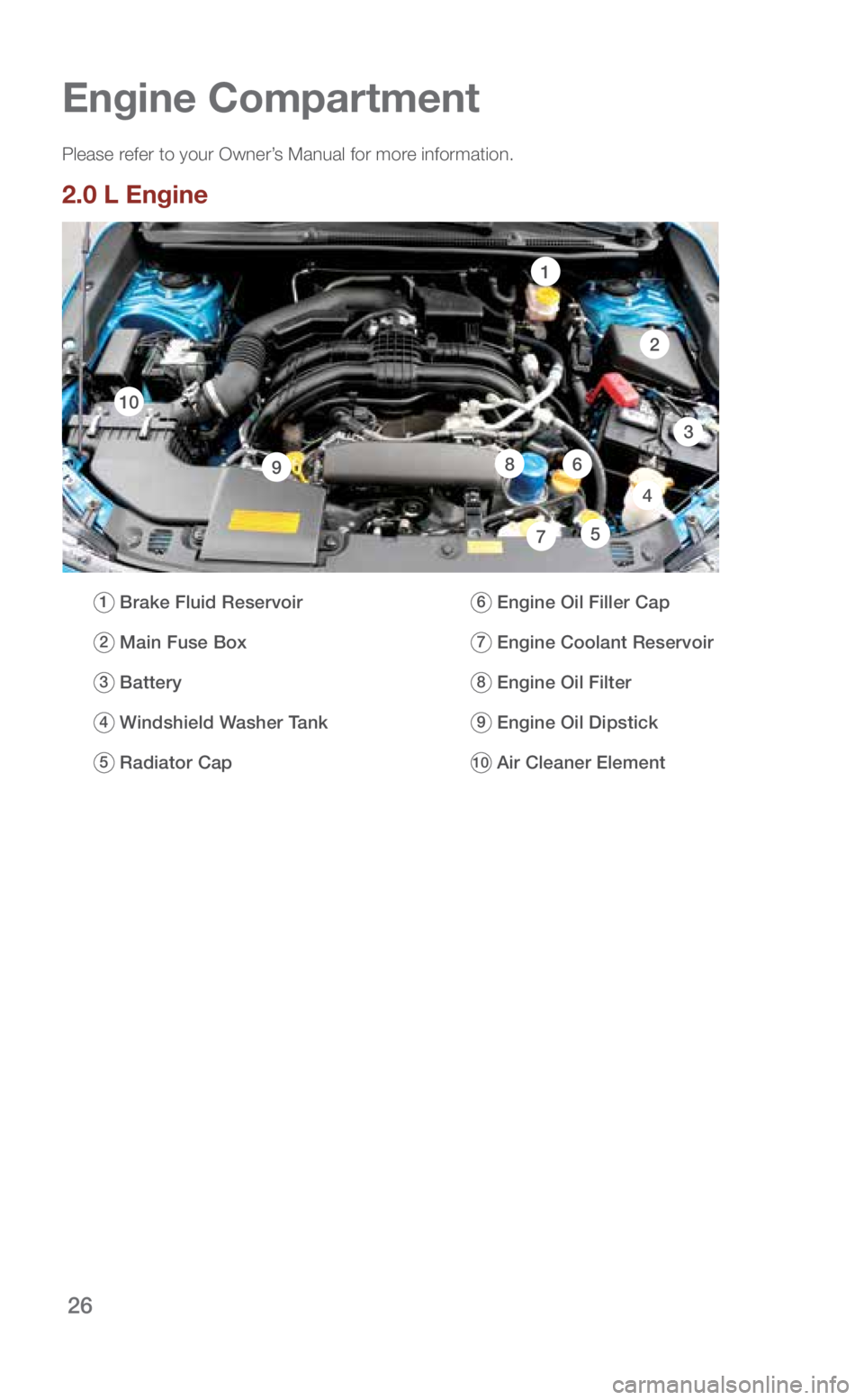 SUBARU IMPREZA 2019 Quick Guide 26
Engine Compartment
Additional
Information
Please refer to your Owner’s Manual for more information.
2.0 L Engine
1 Brake Fluid Reservoir
2 Main Fuse Box
3 Battery
4 Windshield Was SUBARU IMPREZA 2019 Quick Guide 26
Engine Compartment
Additional
Information
Please refer to your Owner’s Manual for more information.
2.0 L Engine
1 Brake Fluid Reservoir
2 Main Fuse Box
3 Battery
4 Windshield Was