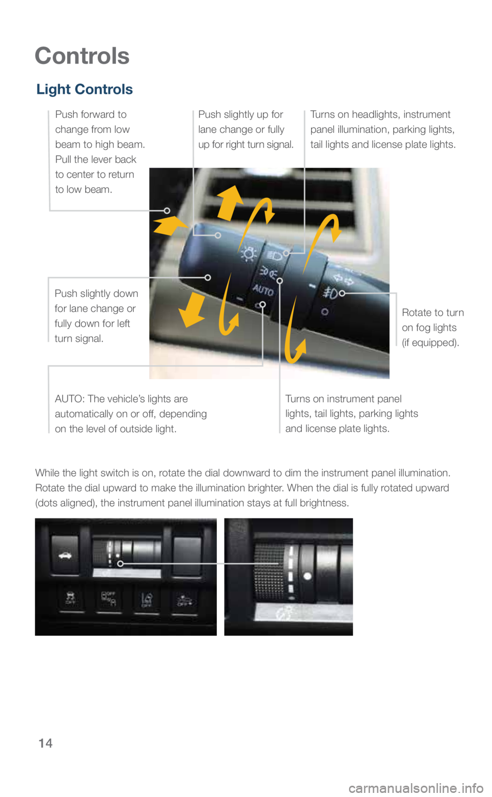 SUBARU LEGACY 2019  Quick Guide 14
While the light switch is on, rotate the dial downward to dim the instrument panel illumination. 
Rotate the dial upward to make the illumination brighter. When the dial is fully rotated upward 
(d