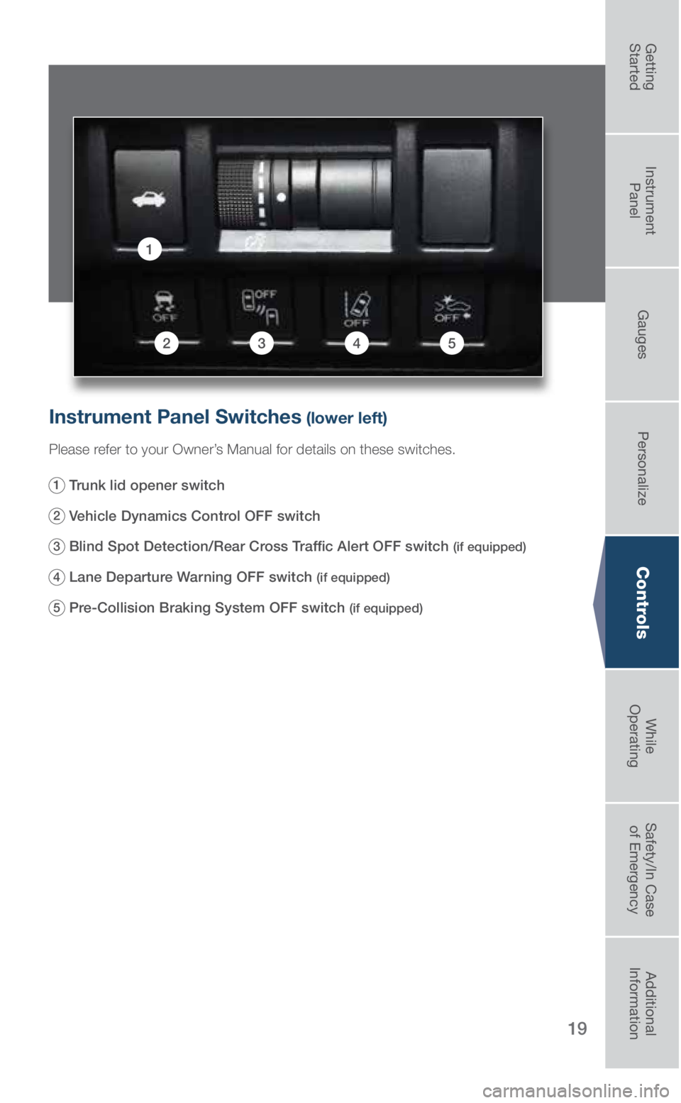 SUBARU LEGACY 2019 Quick Guide 19
Controls
Instrument Panel Switches (lower left)
Please refer to your Owner’s Manual for details on these switches.
1 Trunk lid opener switch
2 Vehicle Dynamics Control OFF switch
3 Blind SUBARU LEGACY 2019 Quick Guide 19
Controls
Instrument Panel Switches (lower left)
Please refer to your Owner’s Manual for details on these switches.
1 Trunk lid opener switch
2 Vehicle Dynamics Control OFF switch
3 Blind