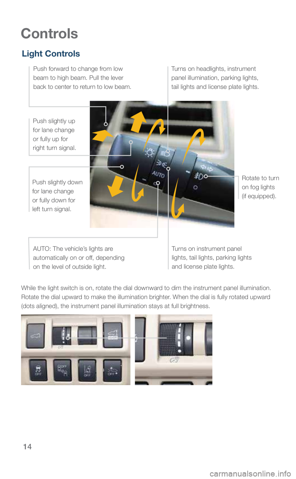 SUBARU OUTBACK 2019 Quick Guide 14
Controls
While the light switch is on, rotate the dial downward to dim the instrument panel illumination.
Rotate the dial upward to make the illumination brighter. When the dial is fully rotated u SUBARU OUTBACK 2019 Quick Guide 14
Controls
While the light switch is on, rotate the dial downward to dim the instrument panel illumination.
Rotate the dial upward to make the illumination brighter. When the dial is fully rotated u