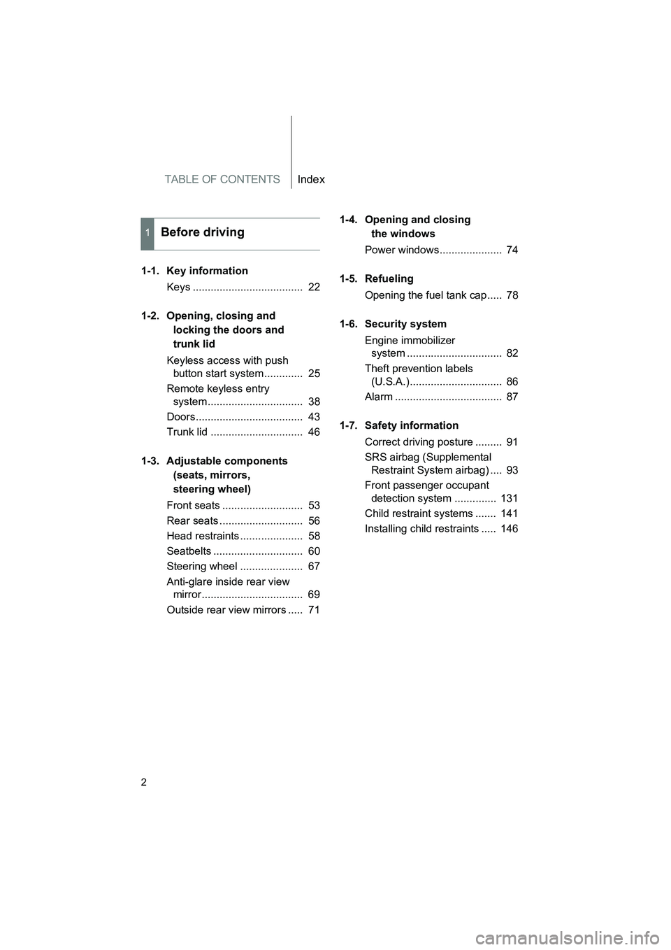 SUBARU BRZ 2019  Owners Manual TABLE OF CONTENTSIndex
2
BRZ_U
1-1. Key informationKeys .....................................  22
1-2. Opening, closing and  locking the doors and 
trunk lid
Keyless access with push  button start sys