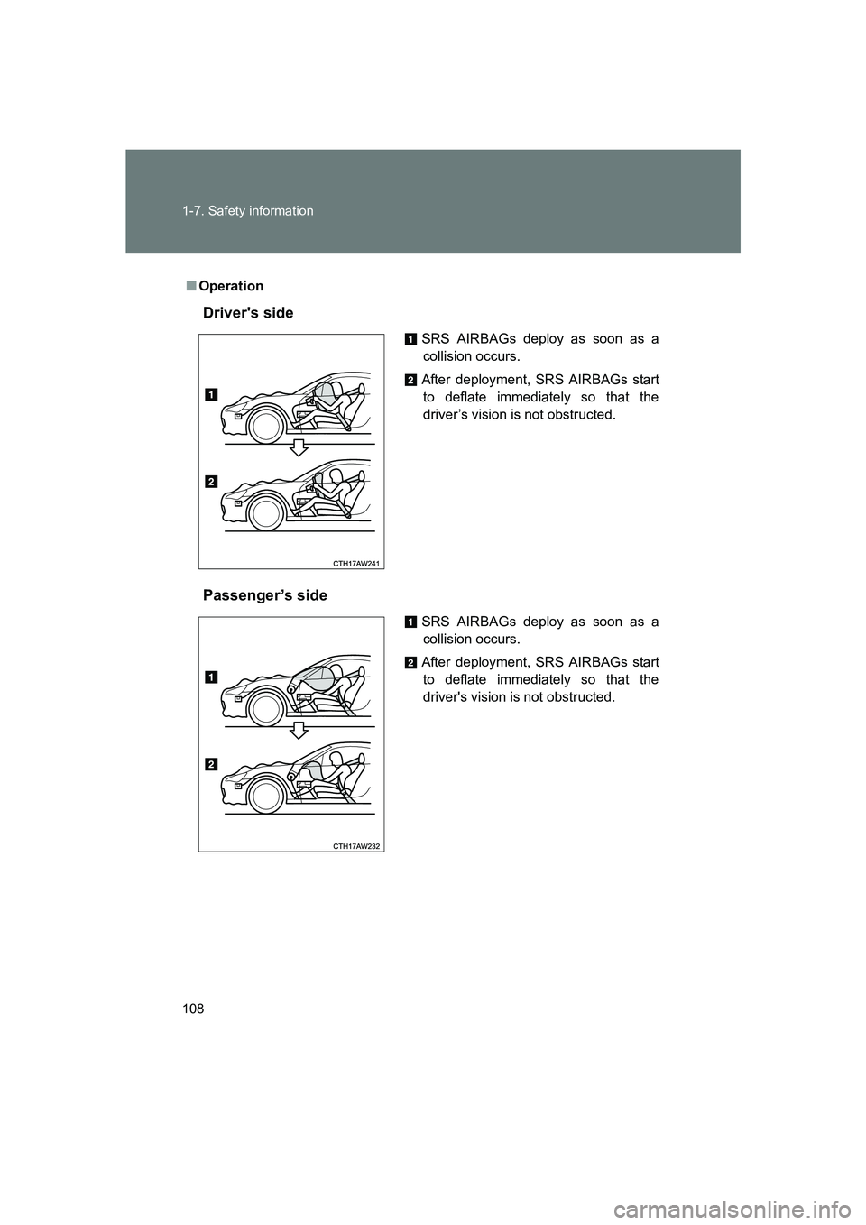 SUBARU BRZ 2019  Owners Manual 108 1-7. Safety information
BRZ_U
■Operation
Drivers side
Passenger’s side
SRS AIRBAGs deploy as soon as a
collision occurs.
After deployment, SRS AIRBAGs start to deflate immediately so that the