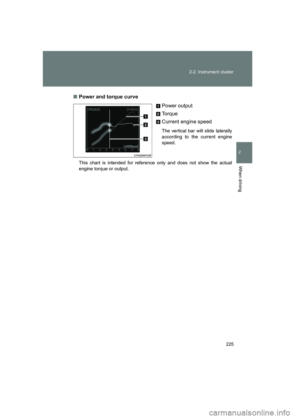 SUBARU BRZ 2019  Owners Manual 225
2-2. Instrument cluster
2
When driving
BRZ_U
■
Power and torque curve
Power output
To r q u e
Current engine speed
The vertical bar will slide laterally
according to the current engine
speed.
Th