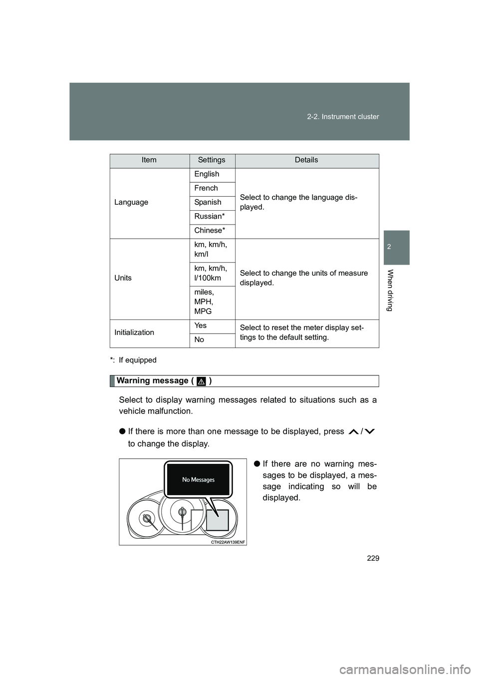 SUBARU BRZ 2019  Owners Manual 229
2-2. Instrument cluster
2
When driving
BRZ_U
*: If equipped
Warning message (   )
Select to display warning messages related to situations such as a
vehicle malfunction.
● If there is more than 