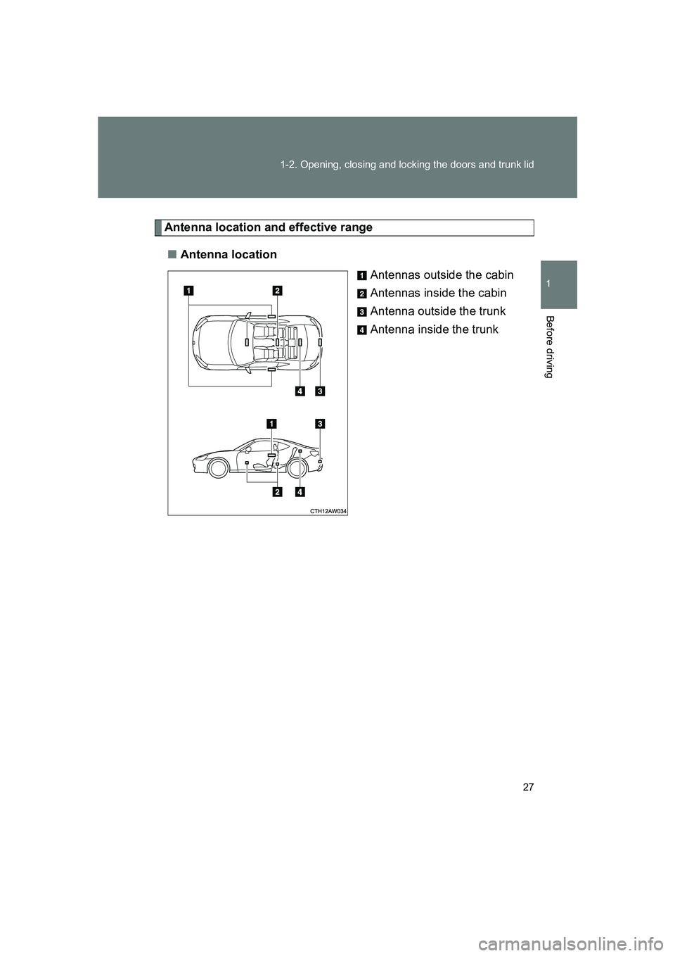 SUBARU BRZ 2019  Owners Manual 27
1-2. Opening, closing and locking the doors and trunk lid
1
Before driving
BRZ_U
Antenna location and effective range
■ Antenna location
Antennas outside the cabin
Antennas inside the cabin
Anten