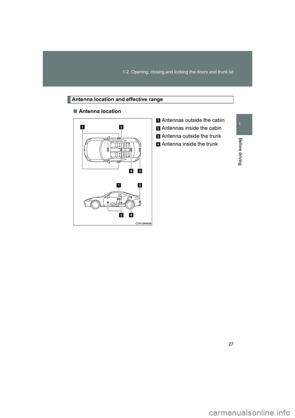 SUBARU BRZ 2019 Owners Manual 27
1-2. Opening, closing and locking the doors and trunk lid
1
Before driving
BRZ_U
Antenna location and effective range
■ Antenna location
Antennas outside the cabin
Antennas inside the cabin
Anten SUBARU BRZ 2019 Owners Manual 27
1-2. Opening, closing and locking the doors and trunk lid
1
Before driving
BRZ_U
Antenna location and effective range
■ Antenna location
Antennas outside the cabin
Antennas inside the cabin
Anten