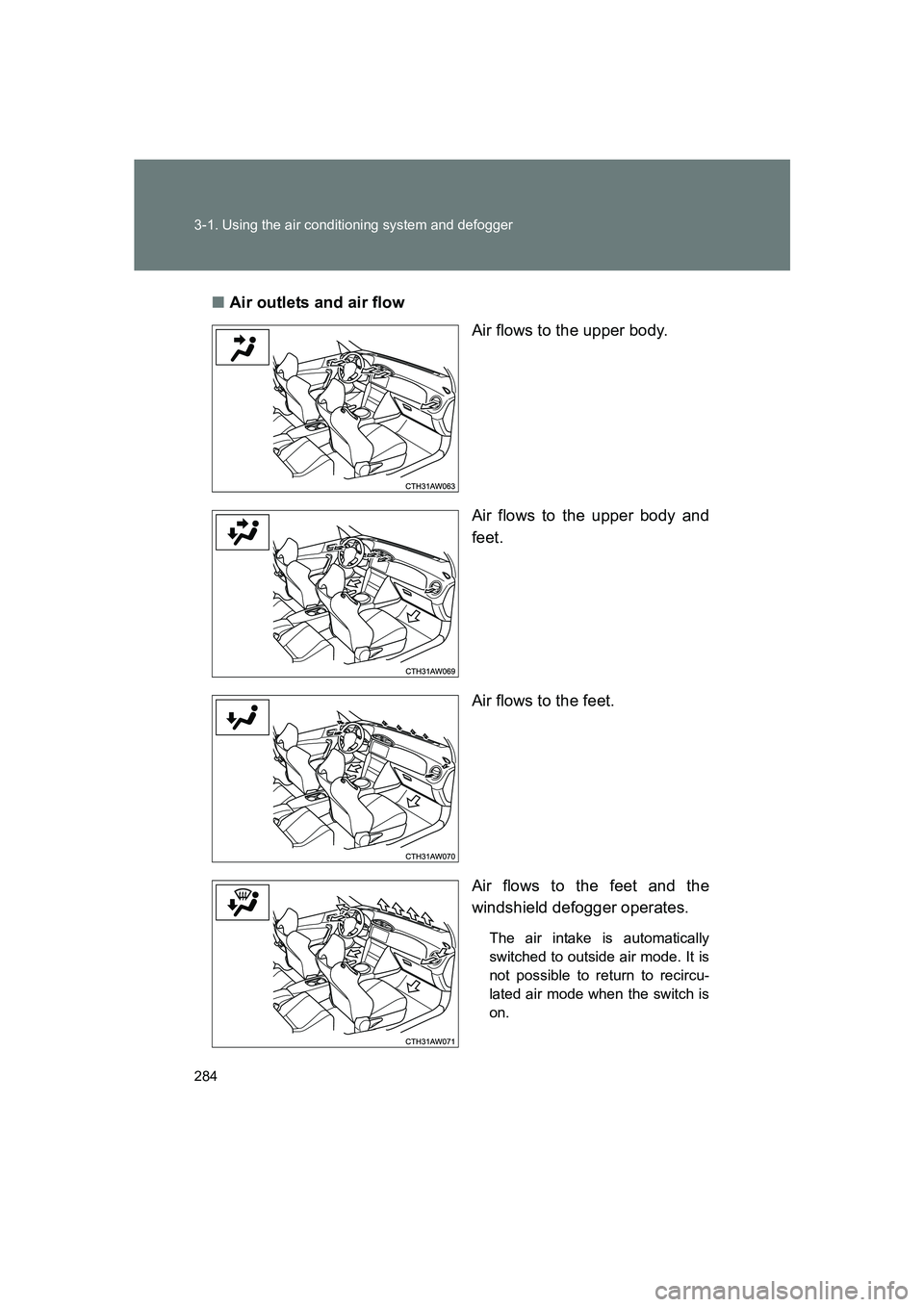 SUBARU BRZ 2019  Owners Manual 284 3-1. Using the air conditioning system and defogger
BRZ_U■
Air outlets and air flow
Air flows to the upper body.
Air flows to the upper body and
feet.
Air flows to the feet.
Air flows to the fee
