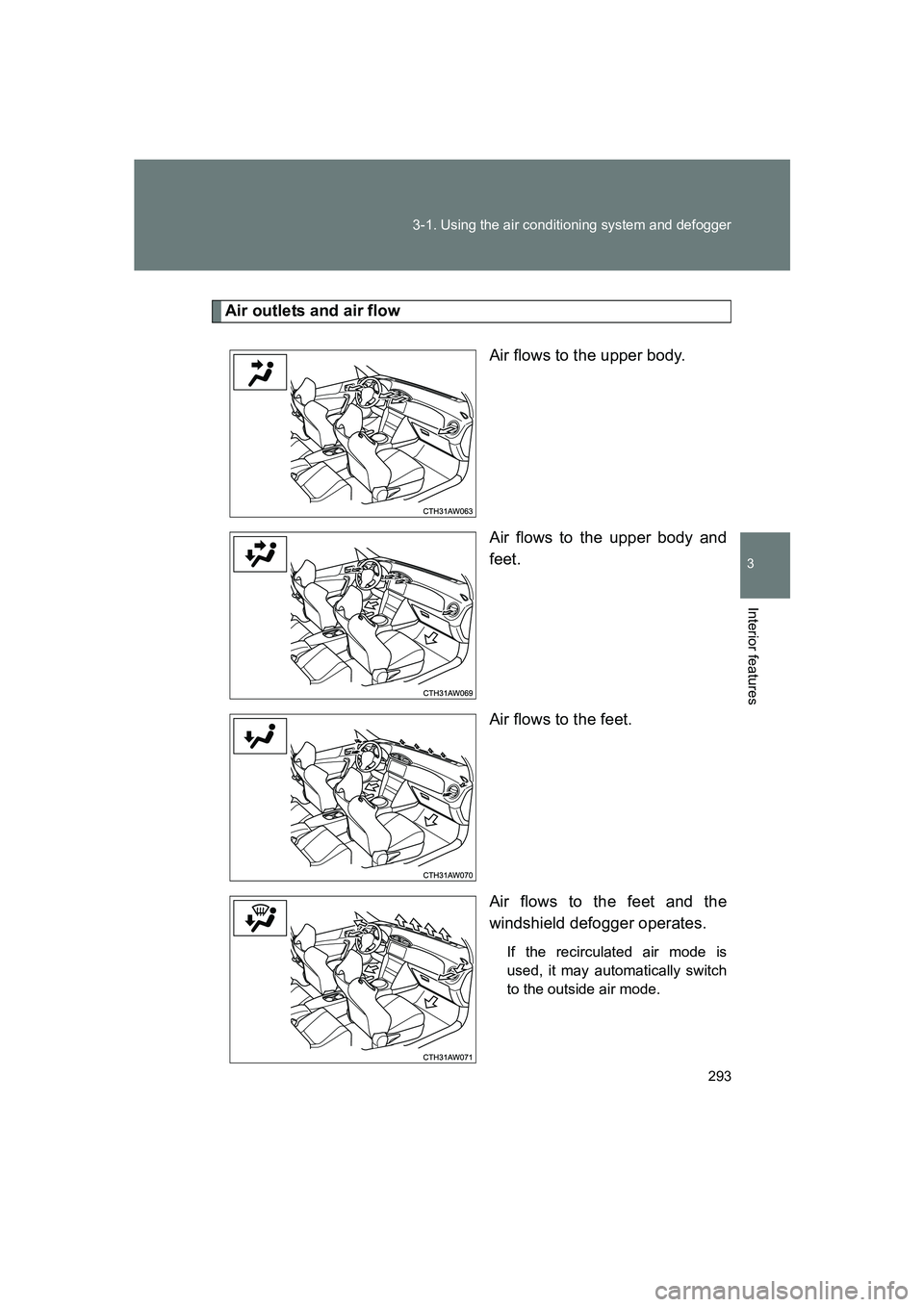 SUBARU BRZ 2019 Owners Manual 293
3-1. Using the air conditioning system and defogger
3
Interior features
BRZ_U
Air outlets and air flow
Air flows to the upper body.
Air flows to the upper body and
feet.
Air flows to the feet.
Air SUBARU BRZ 2019 Owners Manual 293
3-1. Using the air conditioning system and defogger
3
Interior features
BRZ_U
Air outlets and air flow
Air flows to the upper body.
Air flows to the upper body and
feet.
Air flows to the feet.
Air