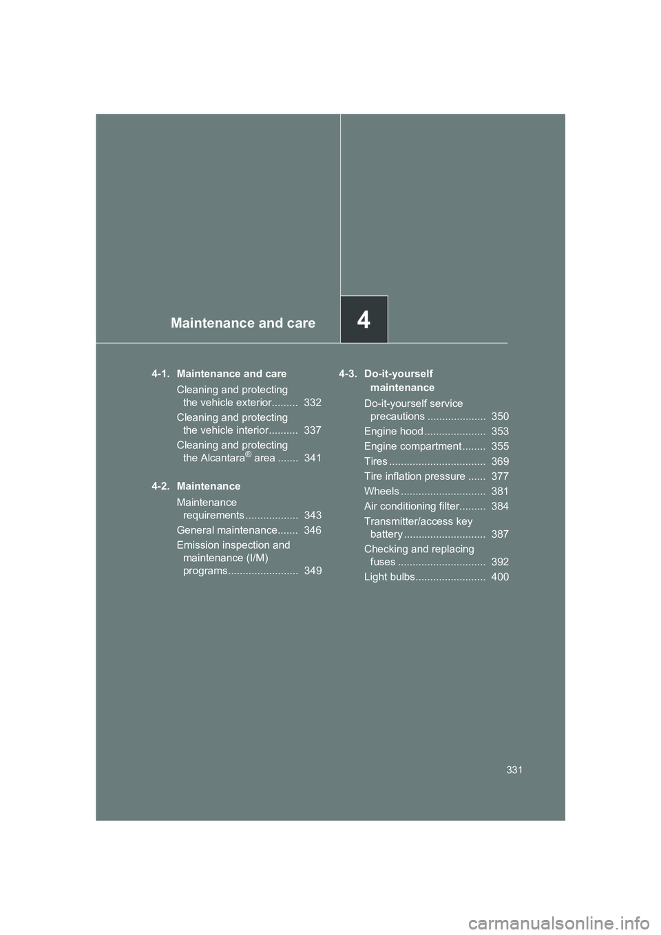 SUBARU BRZ 2019 Owners Manual Maintenance and care4
331
BRZ_U
4-1. Maintenance and careCleaning and protecting the vehicle exterior......... 332
Cleaning and protecting the vehicle interior.......... 337
Cleaning and protecting SUBARU BRZ 2019 Owners Manual Maintenance and care4
331
BRZ_U
4-1. Maintenance and careCleaning and protecting the vehicle exterior......... 332
Cleaning and protecting the vehicle interior.......... 337
Cleaning and protecting