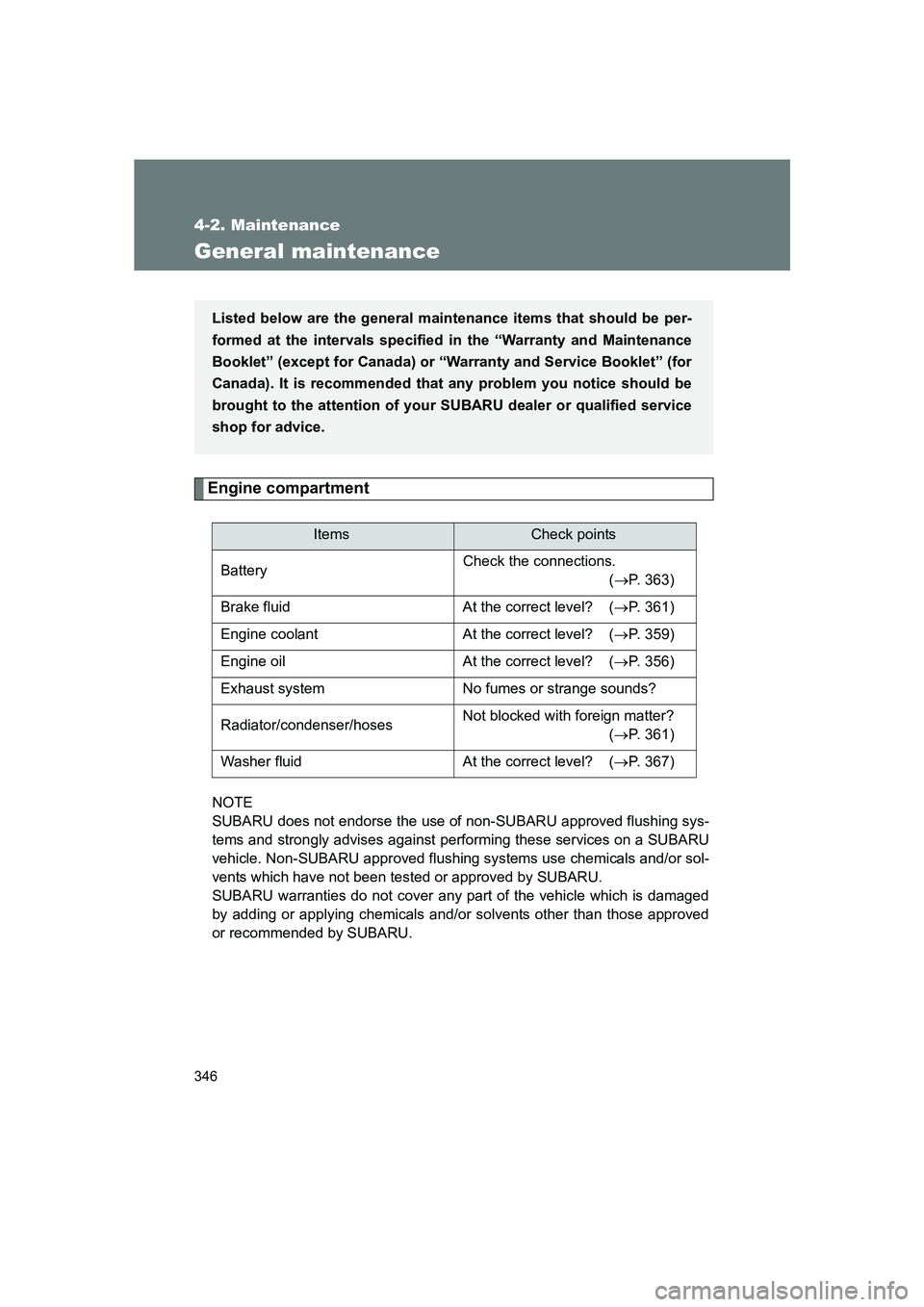 SUBARU BRZ 2019 Owners Manual 346
4-2. Maintenance
BRZ_U
General maintenance
Engine compartment
NOTE
SUBARU does not endorse the use of non-SUBARU approved flushing sys-
tems and strongly advises against performing these services SUBARU BRZ 2019 Owners Manual 346
4-2. Maintenance
BRZ_U
General maintenance
Engine compartment
NOTE
SUBARU does not endorse the use of non-SUBARU approved flushing sys-
tems and strongly advises against performing these services