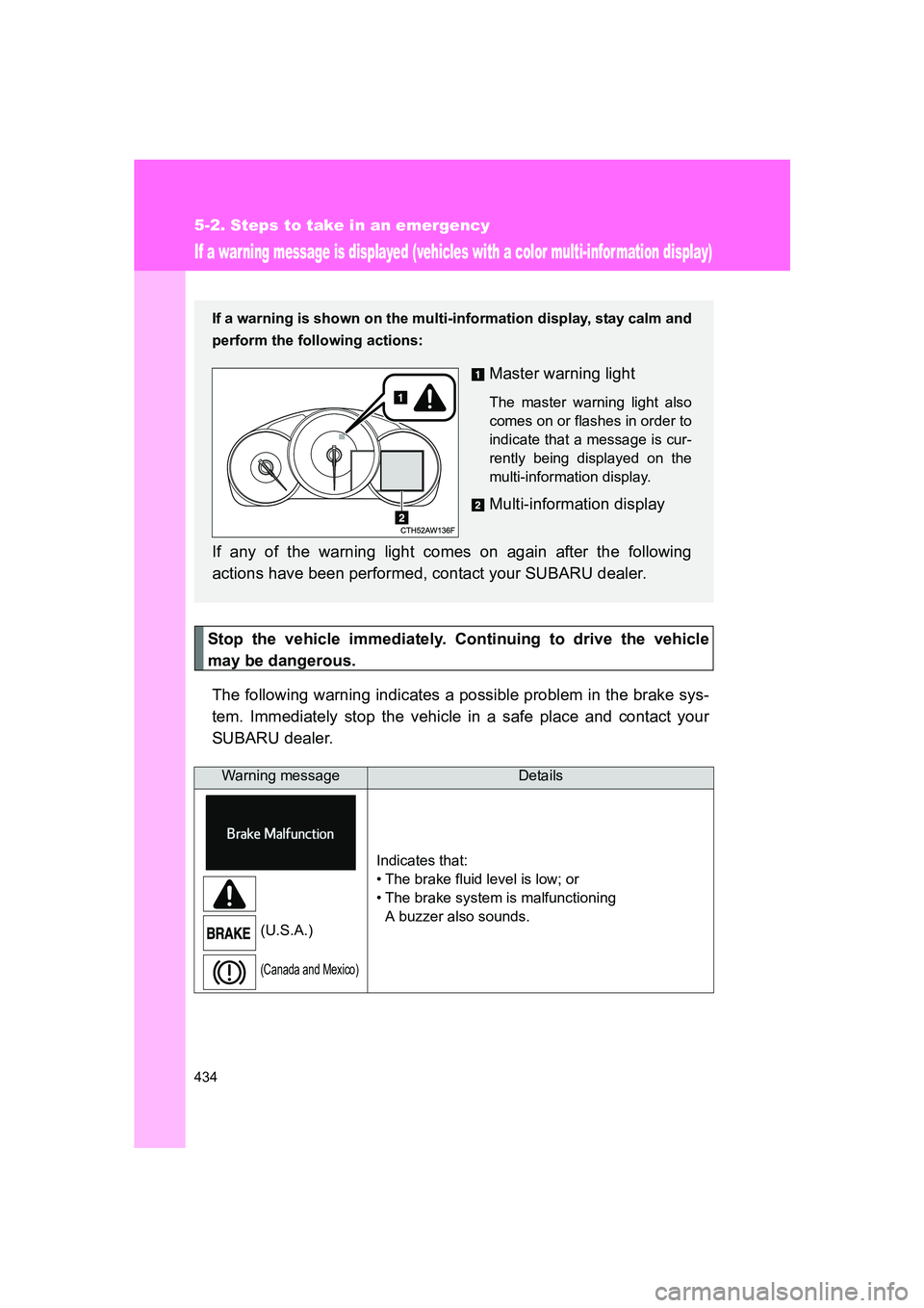 SUBARU BRZ 2019 Owners Manual 434
5-2. Steps to take in an emergency
BRZ_U
If a warning message is displayed (vehicles with a color multi-infor mation display)
Stop the vehicle immediately. Continuing to drive the vehicle
may be d SUBARU BRZ 2019 Owners Manual 434
5-2. Steps to take in an emergency
BRZ_U
If a warning message is displayed (vehicles with a color multi-infor mation display)
Stop the vehicle immediately. Continuing to drive the vehicle
may be d