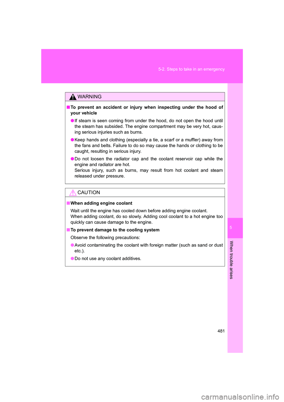 SUBARU BRZ 2019  Owners Manual 5
When trouble arises
481
5-2. Steps to take in an emergency
BRZ_U
WARNING
■
To prevent an accident or injury when inspecting under the hood of
your vehicle
● If steam is seen coming from under th