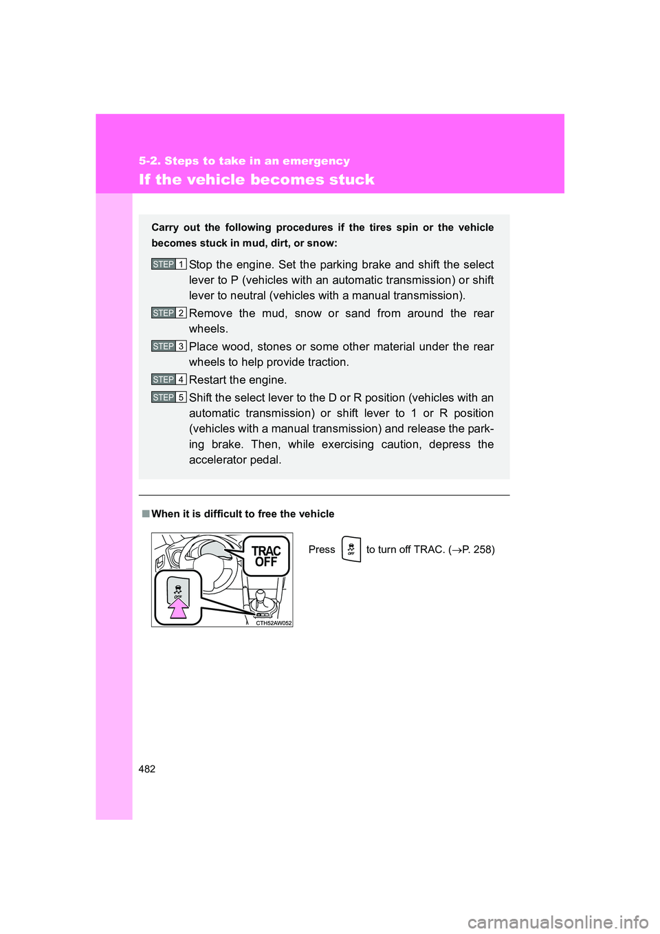 SUBARU BRZ 2019  Owners Manual 482
5-2. Steps to take in an emergency
BRZ_U
If the vehicle becomes stuck
■When it is difficult to free the vehicle Carry out the following procedures  if the tires spin or the vehicle
becomes stuck