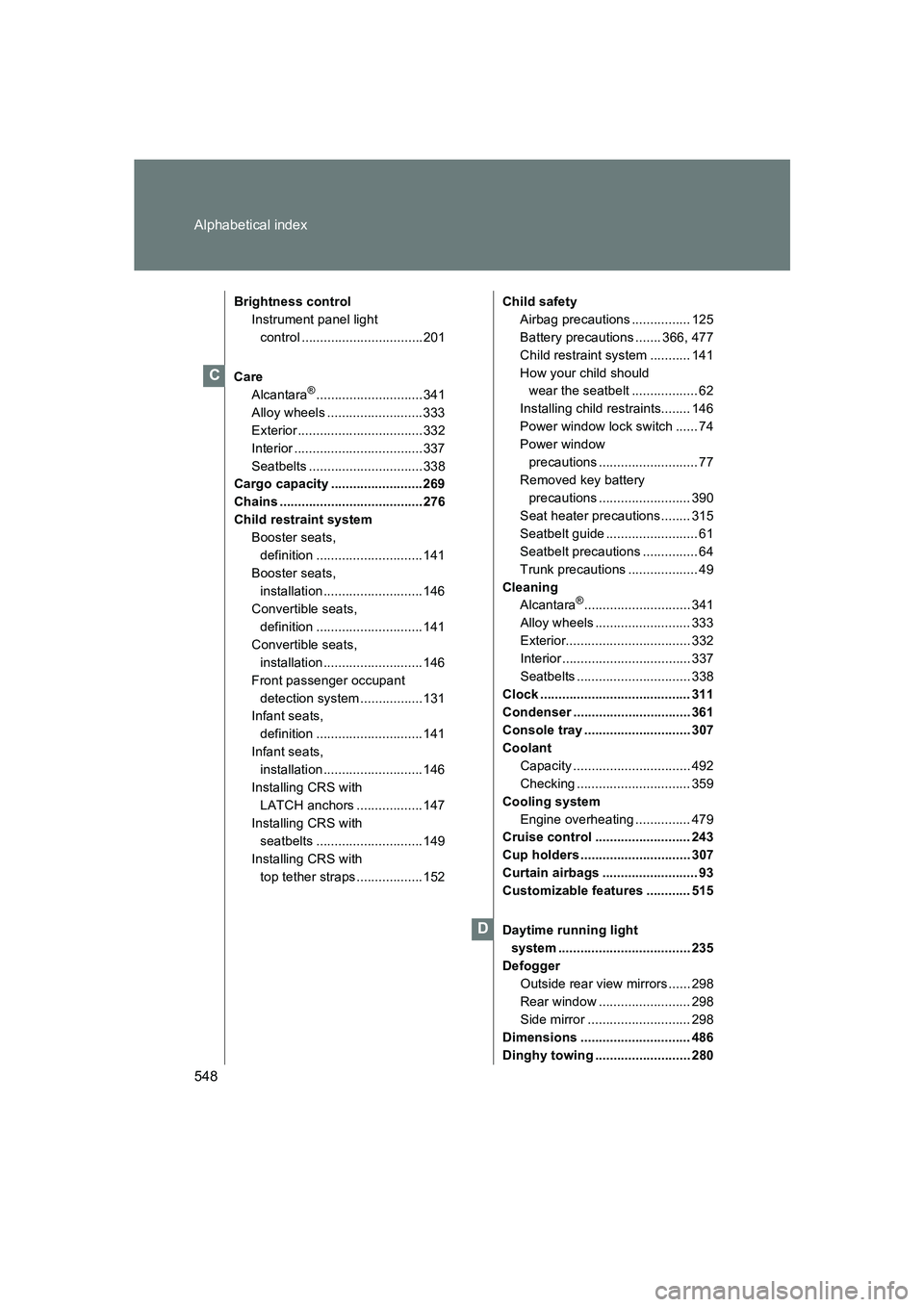 SUBARU BRZ 2019 Owners Manual 548 Alphabetical index
BRZ_U
Brightness controlInstrument panel light control .................................201
Care Alcantara
®............................. 341
Alloy wheels ..................... SUBARU BRZ 2019 Owners Manual 548 Alphabetical index
BRZ_U
Brightness controlInstrument panel light control .................................201
Care Alcantara
®............................. 341
Alloy wheels .....................