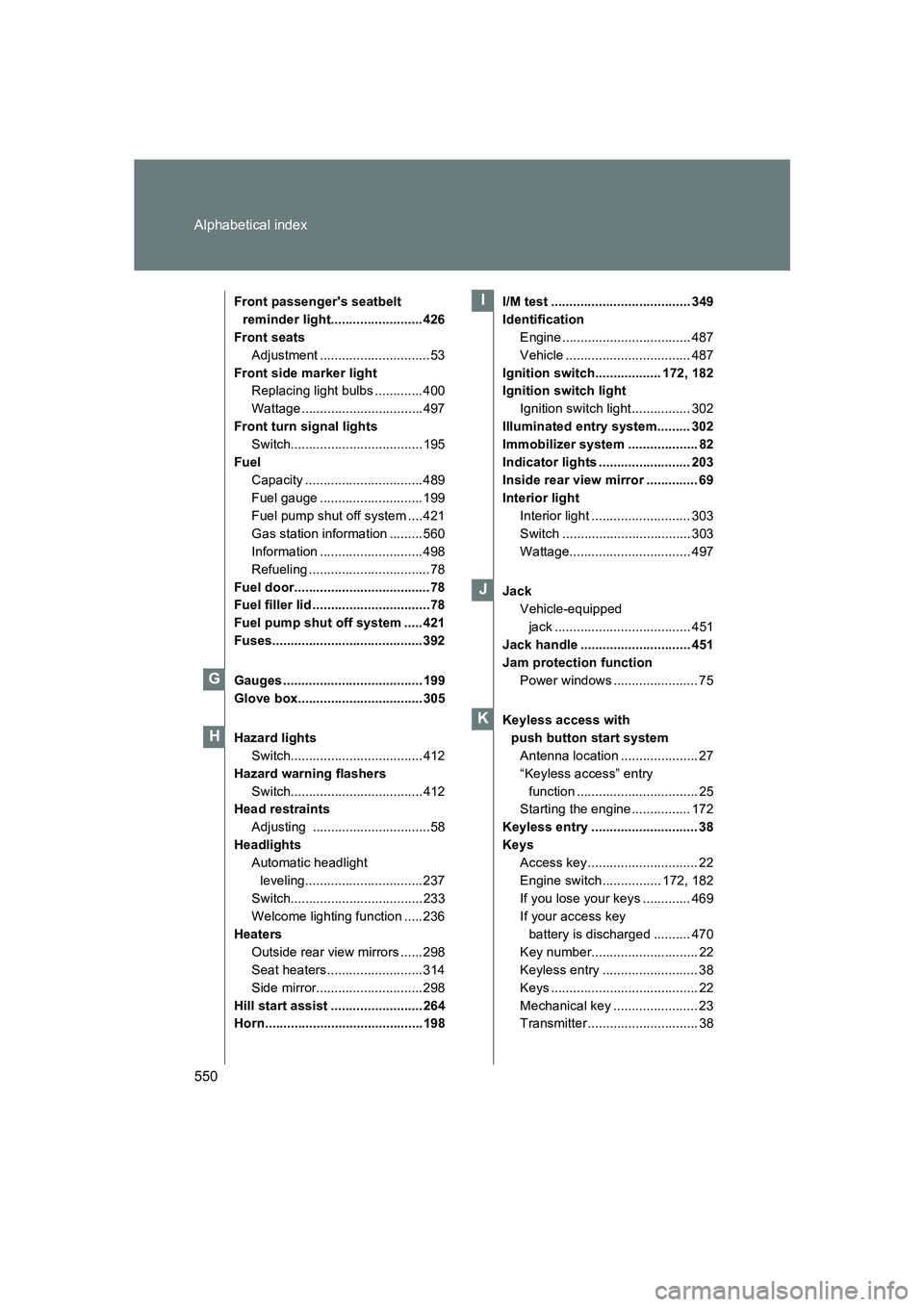 SUBARU BRZ 2019 Owners Manual 550 Alphabetical index
BRZ_U
Front passengers seatbelt reminder light......................... 426
Front seats Adjustment ..............................53
Front side marker light Replacing light bulb SUBARU BRZ 2019 Owners Manual 550 Alphabetical index
BRZ_U
Front passengers seatbelt reminder light......................... 426
Front seats Adjustment ..............................53
Front side marker light Replacing light bulb